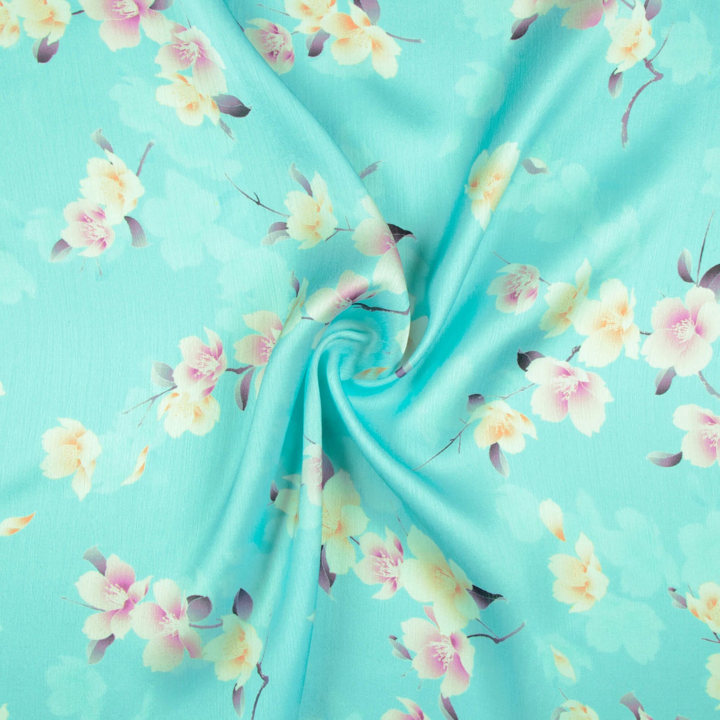 Sky Blue And Taffy Pink Floral Pattern Digital Print Chiffon Satin Fabric