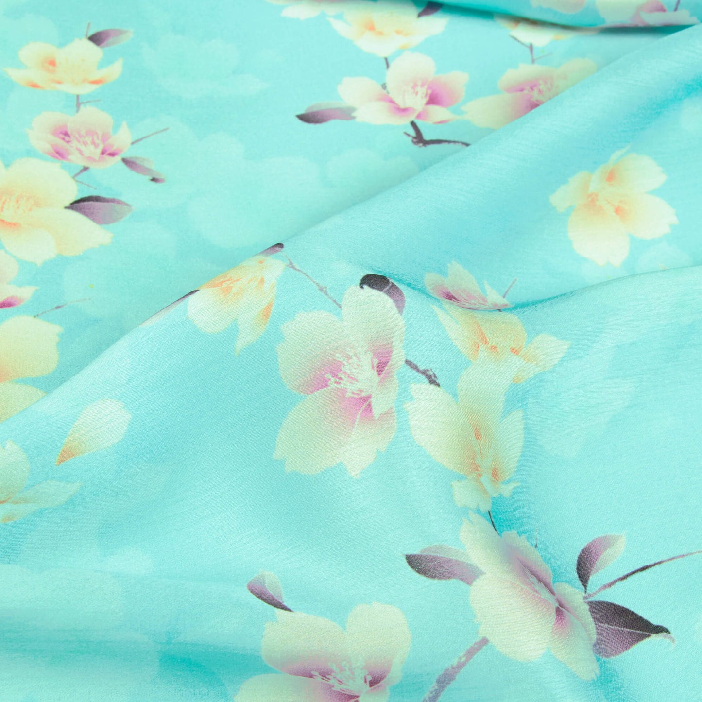 Sky Blue And Taffy Pink Floral Pattern Digital Print Chiffon Satin Fabric