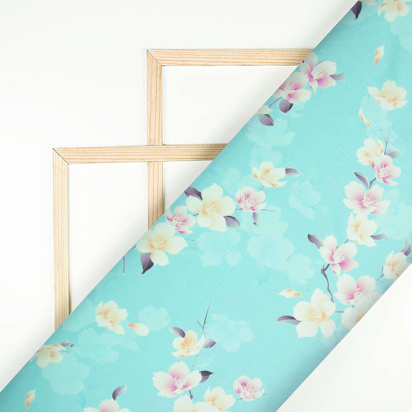 Sky Blue And Taffy Pink Floral Pattern Digital Print Chiffon Satin Fabric