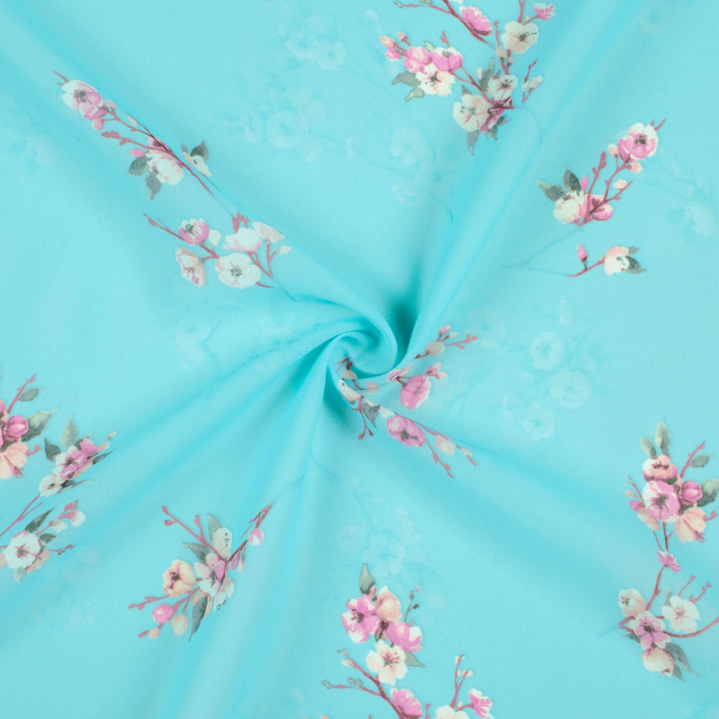 Sky Blue And Salmon Pink Floral Pattern Digital Print Georgette Fabric