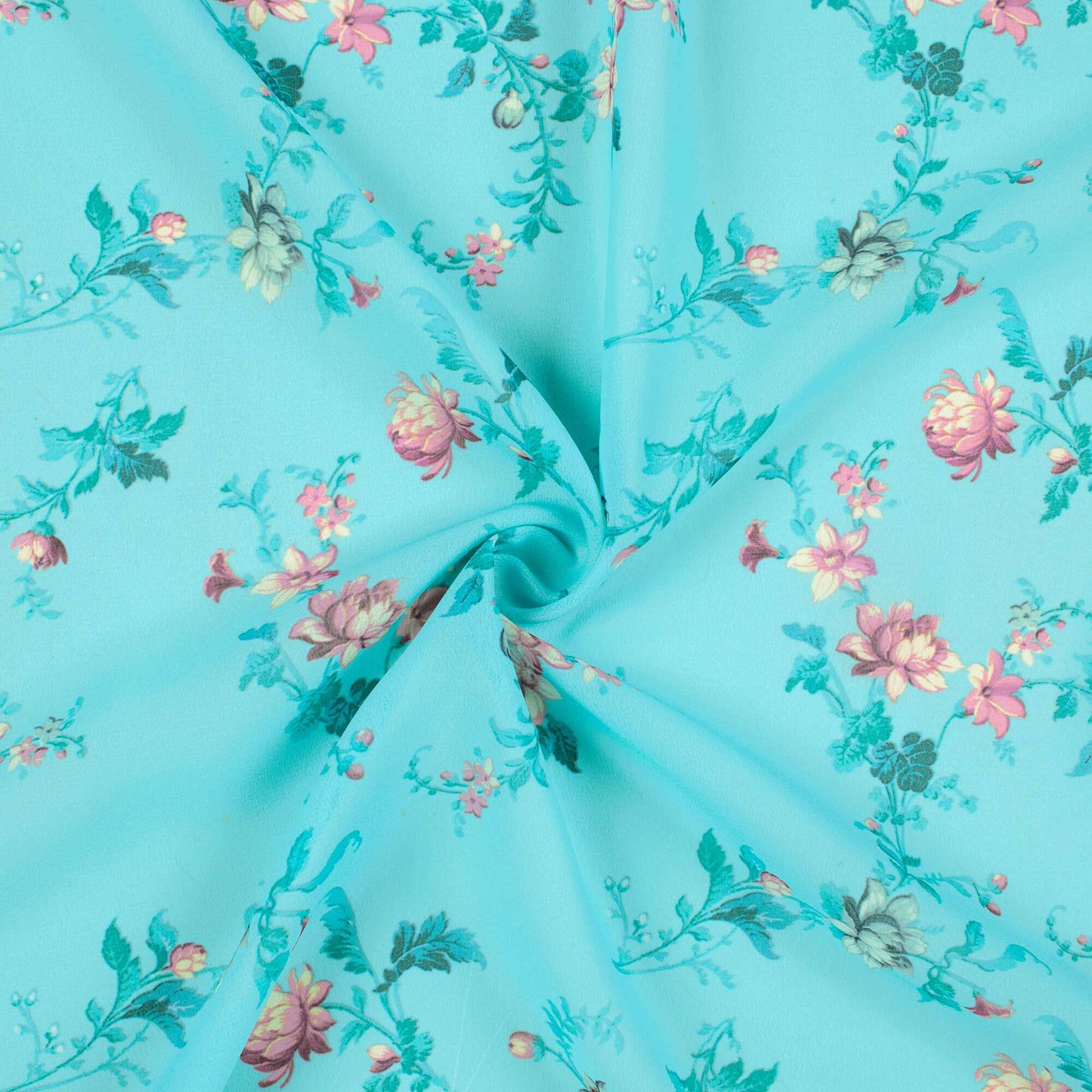 Sky Blue And Pink Floral Pattern Digital Print Georgette Fabric