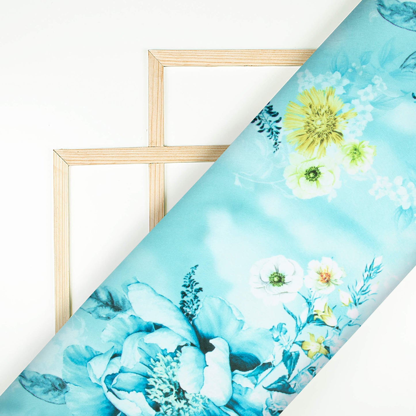 Sky Blue And White Floral Pattern Digital Print Japan Satin Fabric