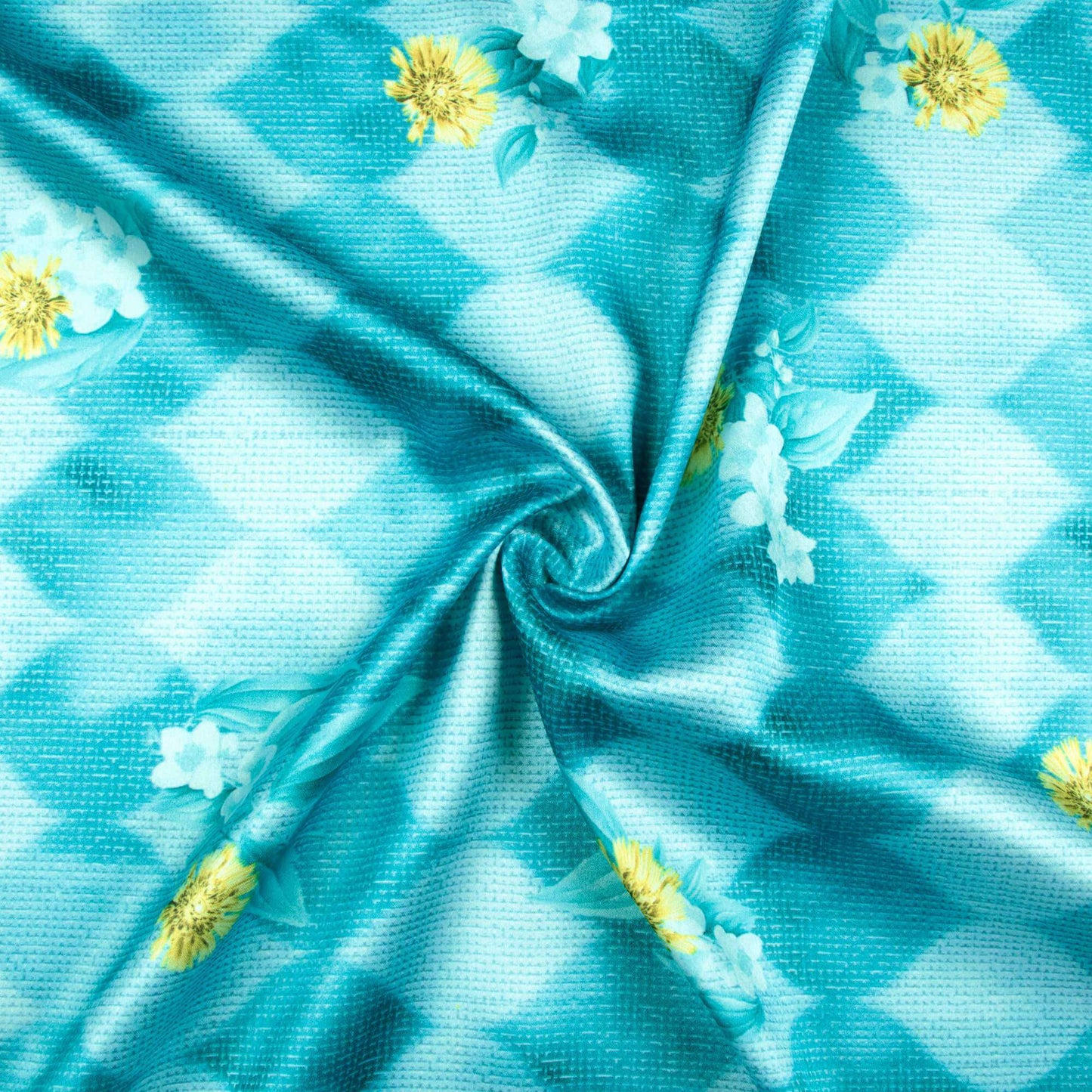 Sky Blue And Flex Yellow Floral Pattern Digital Print Japan Satin Fabric