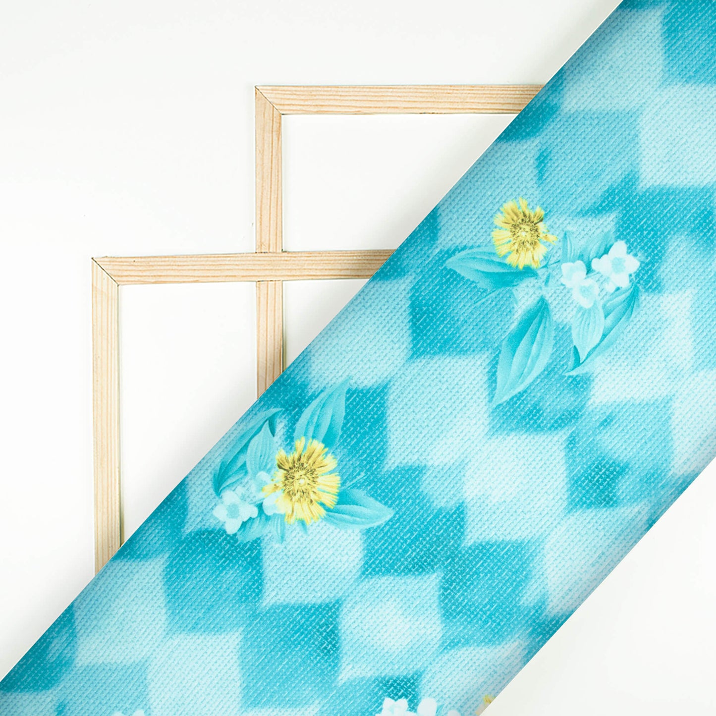 Sky Blue And Flex Yellow Floral Pattern Digital Print Japan Satin Fabric