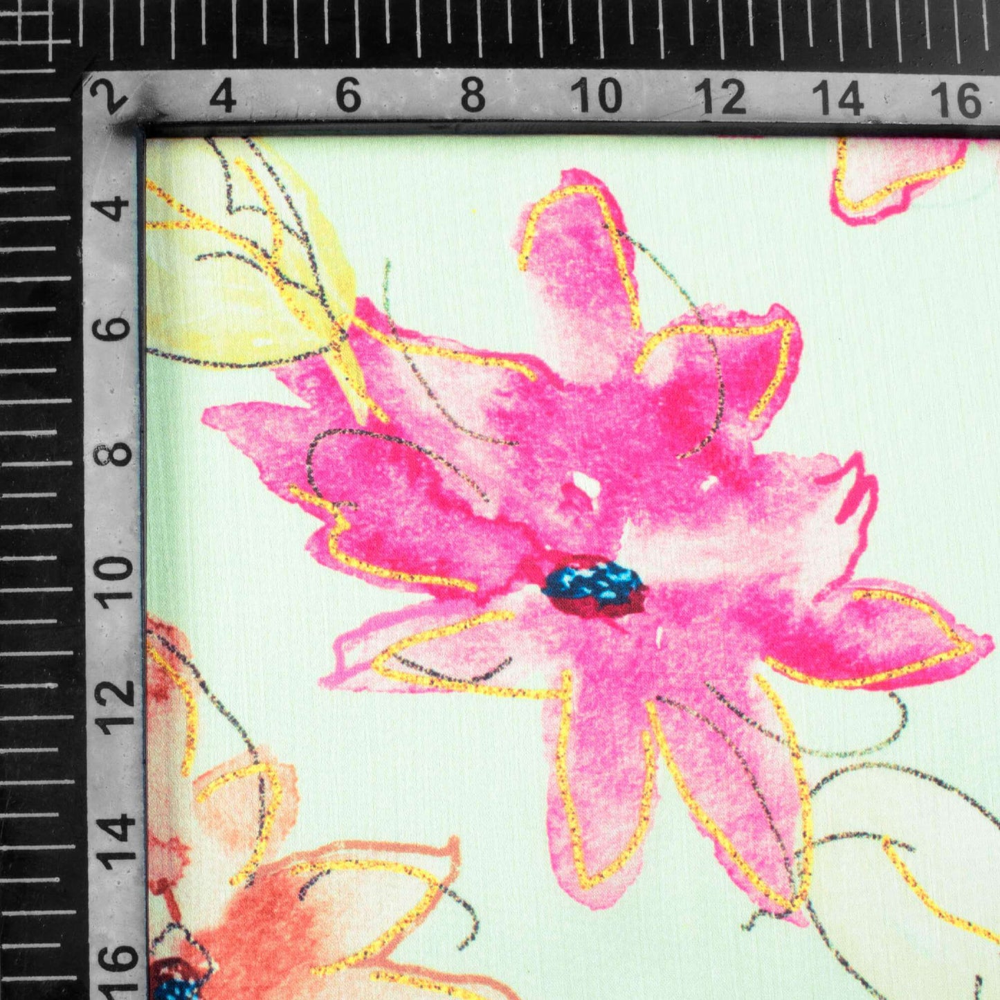 Tea Green And Fuchsia Pink Floral Pattern Hand Paint Effect Digital Print Chiffon Satin Fabric