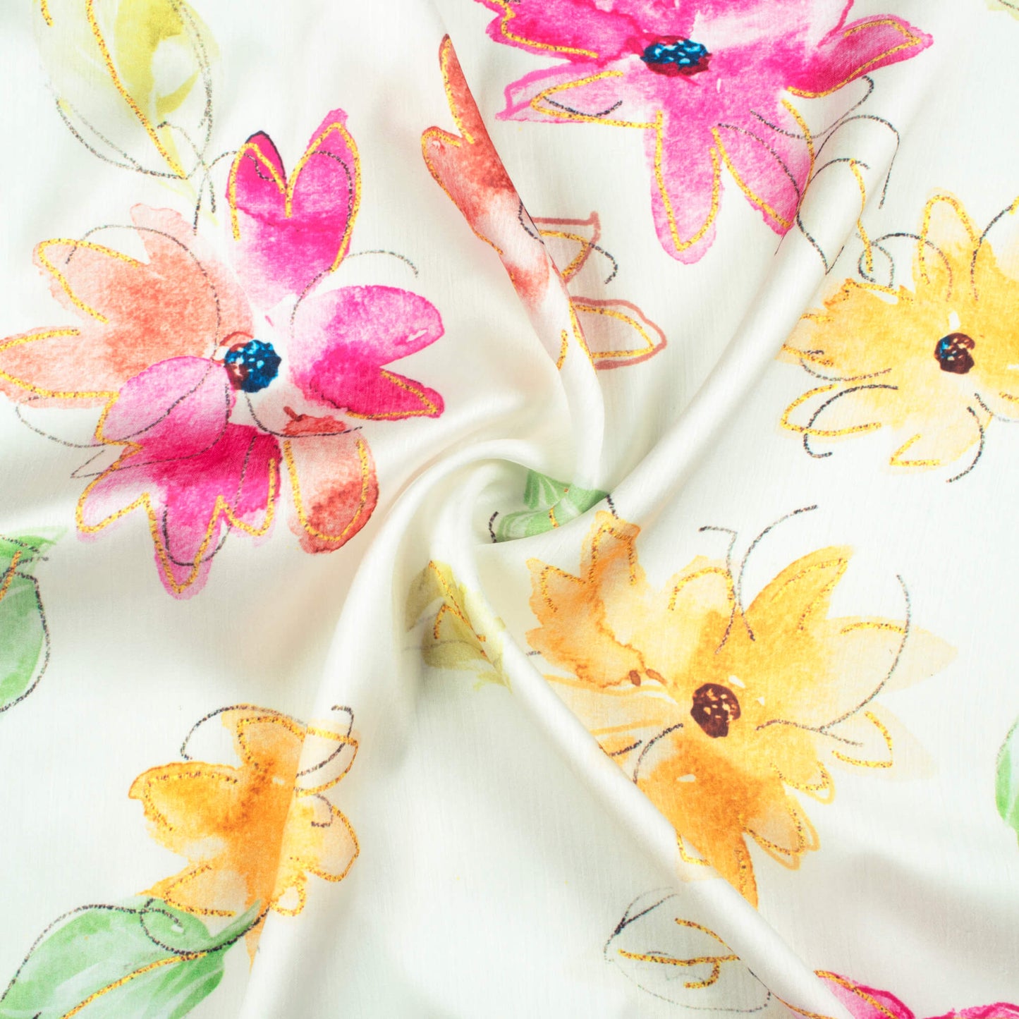 White And Honey Yellow Floral Pattern Hand Paint Effect Digital Print Chiffon Satin Fabric