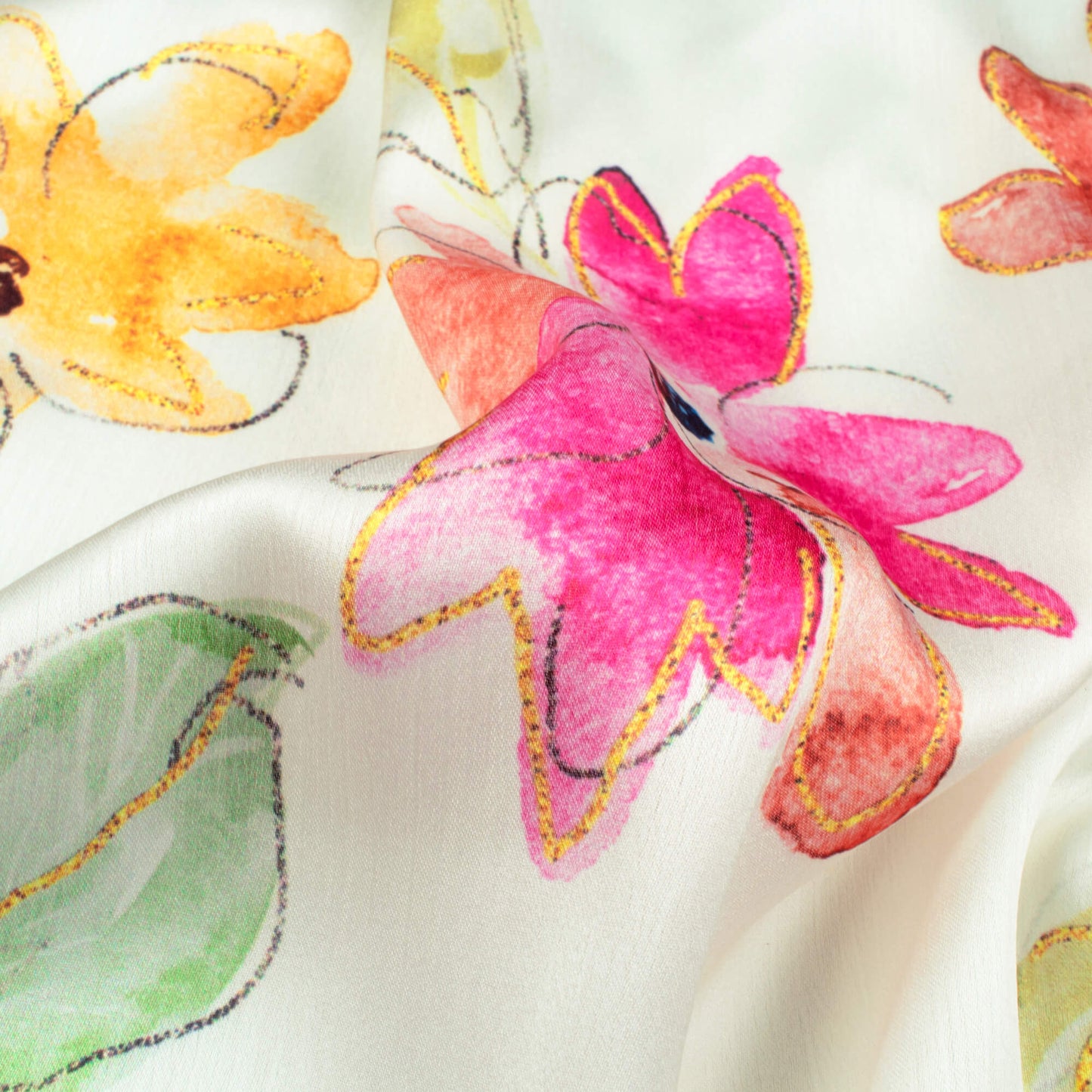 White And Honey Yellow Floral Pattern Hand Paint Effect Digital Print Chiffon Satin Fabric