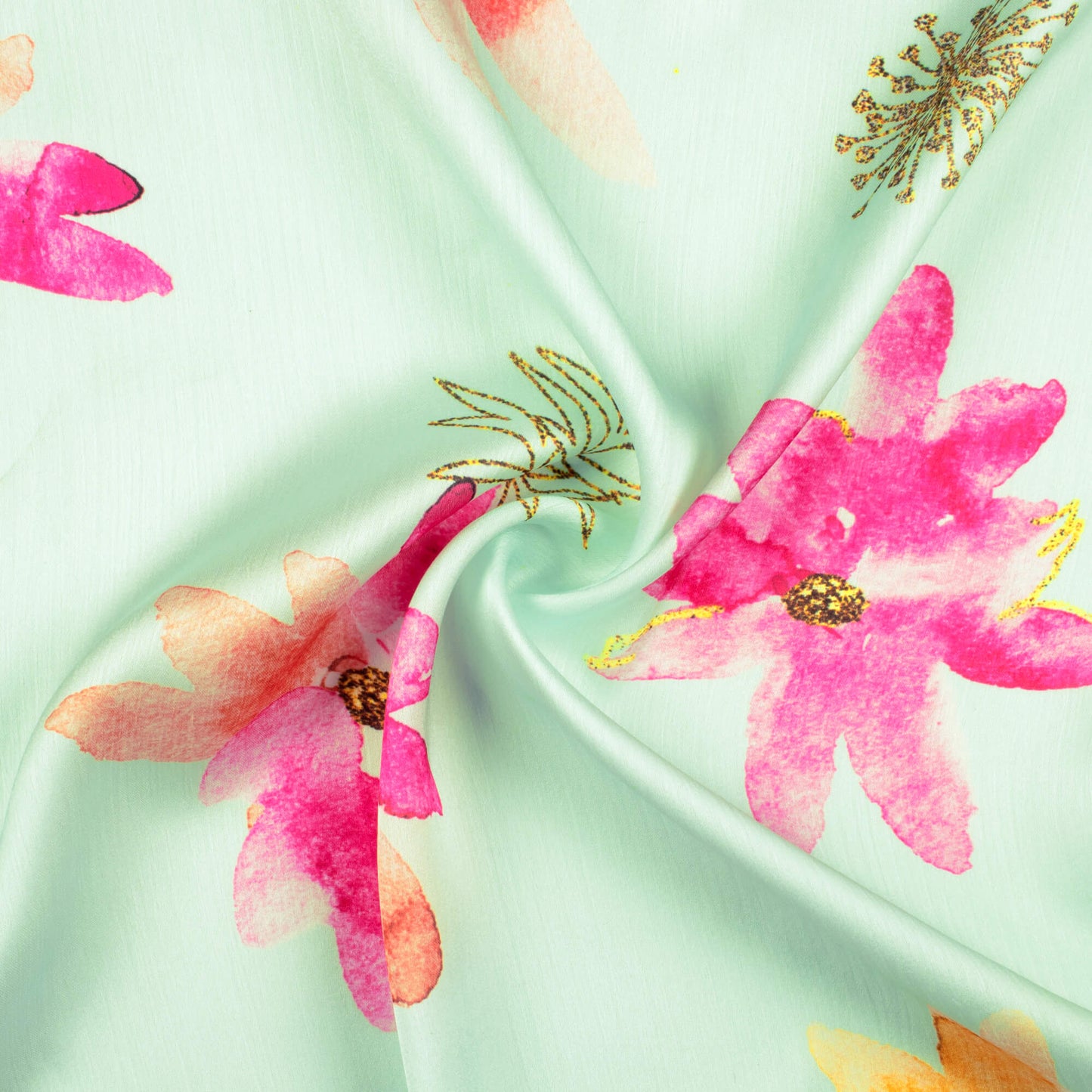 Light Pistachio Green And Fuchsia Pink Floral Pattern Hand Paint Effect Digital Print Chiffon Satin Fabric