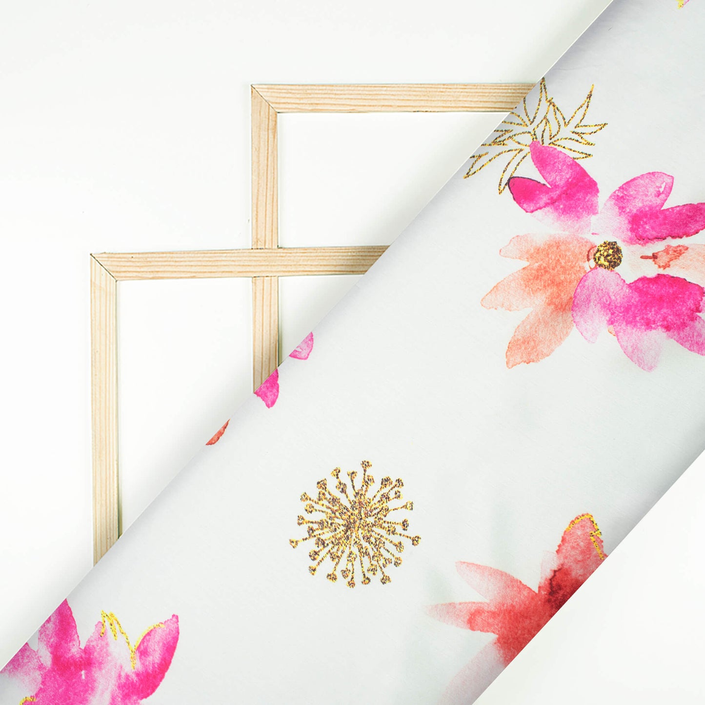 White And Fuchsia Pink Floral Pattern Hand Paint Effect Digital Print Chiffon Satin Fabric