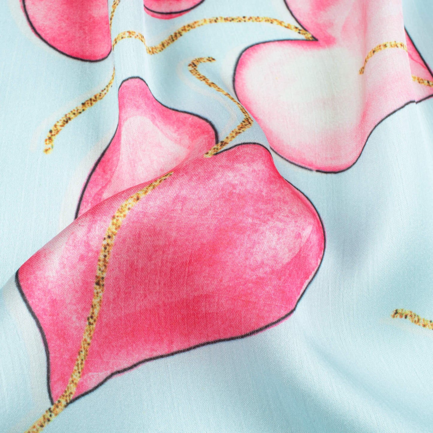 Light Blue And Pink Heart Pattern Hand Paint Effect Digital Print Chiffon Satin Fabric