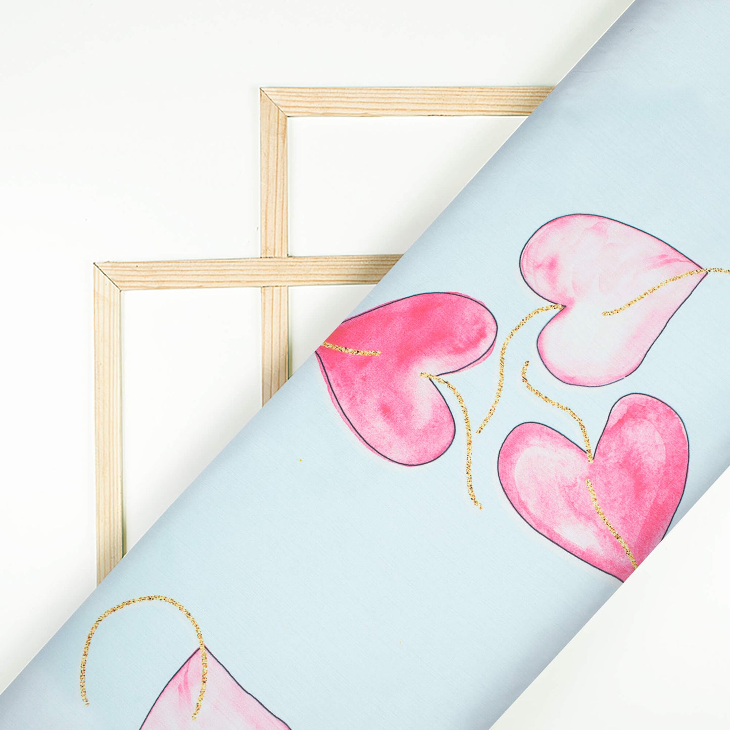 Light Blue And Pink Heart Pattern Hand Paint Effect Digital Print Chiffon Satin Fabric