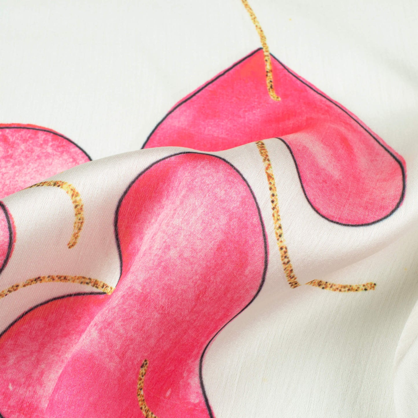 White And Pink Heart Pattern Hand Paint Effect Digital Print Chiffon Satin Fabric