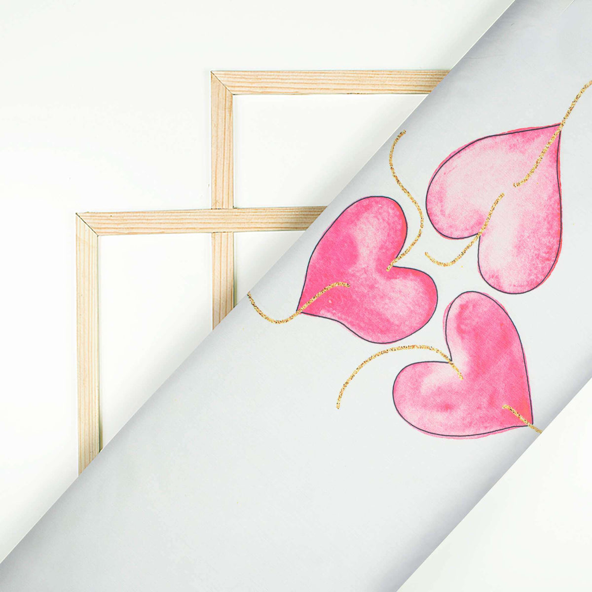 White And Pink Heart Pattern Hand Paint Effect Digital Print Chiffon Satin Fabric