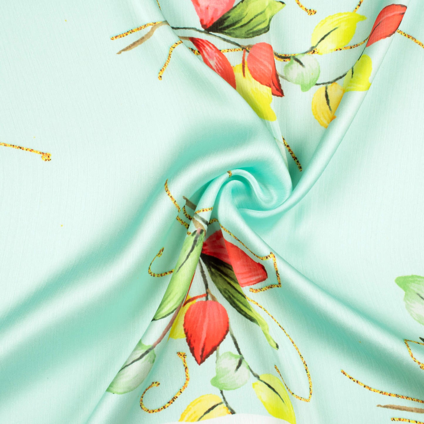 Mint Green And Yellow Leaf Pattern Hand Paint Effect Digital Print Chiffon Satin Fabric