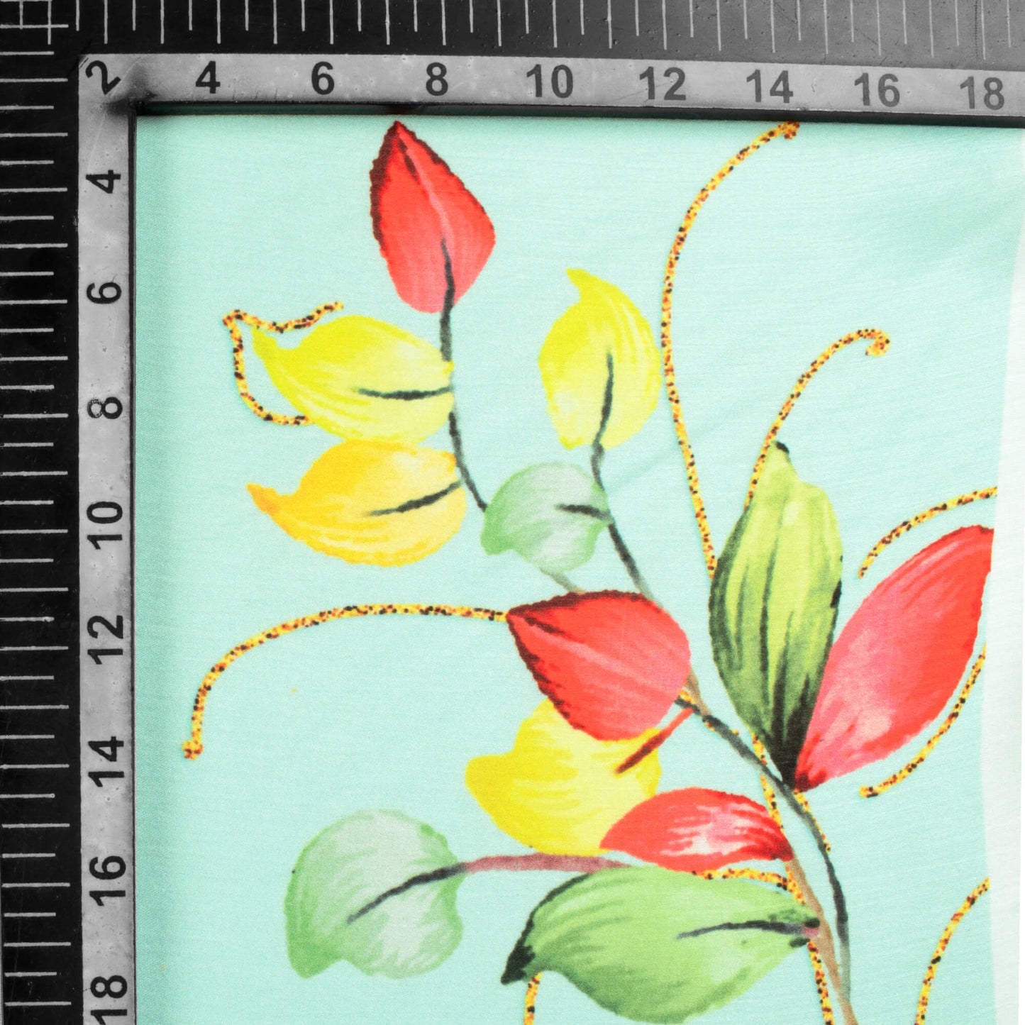Mint Green And Yellow Leaf Pattern Hand Paint Effect Digital Print Chiffon Satin Fabric