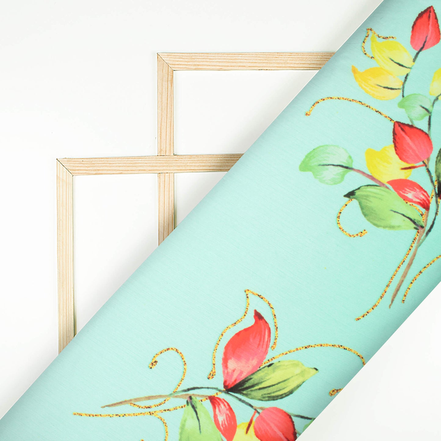 Mint Green And Yellow Leaf Pattern Hand Paint Effect Digital Print Chiffon Satin Fabric
