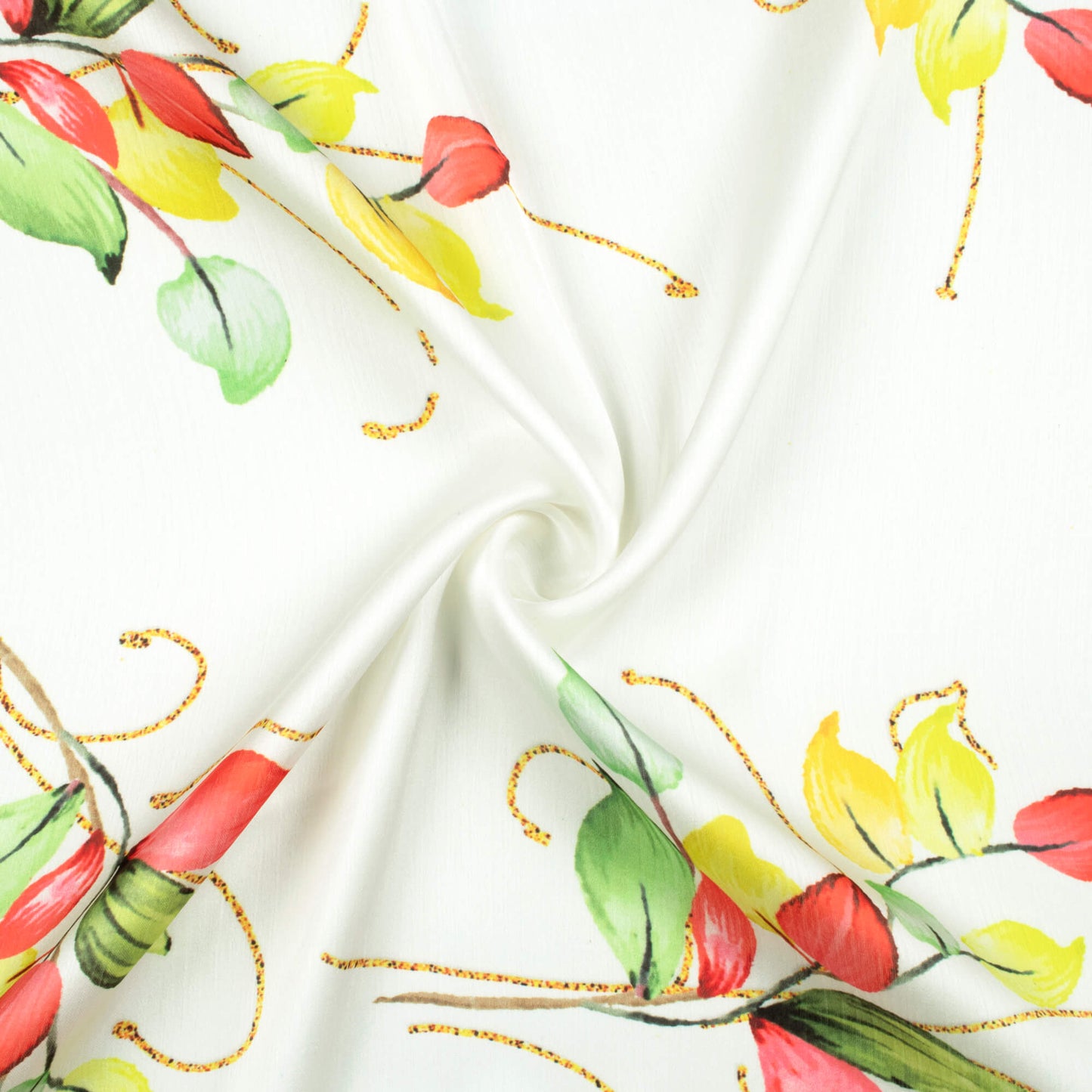 White And Yellow Leaf Pattern Hand Paint Effect Digital Print Chiffon Satin Fabric
