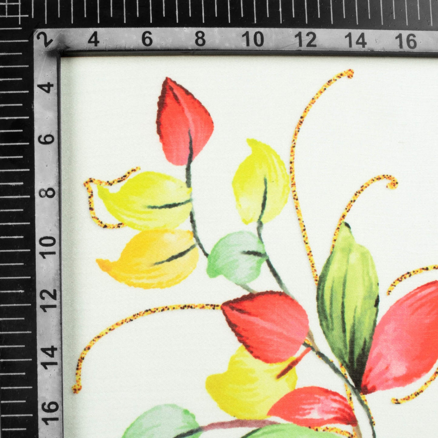 White And Yellow Leaf Pattern Hand Paint Effect Digital Print Chiffon Satin Fabric