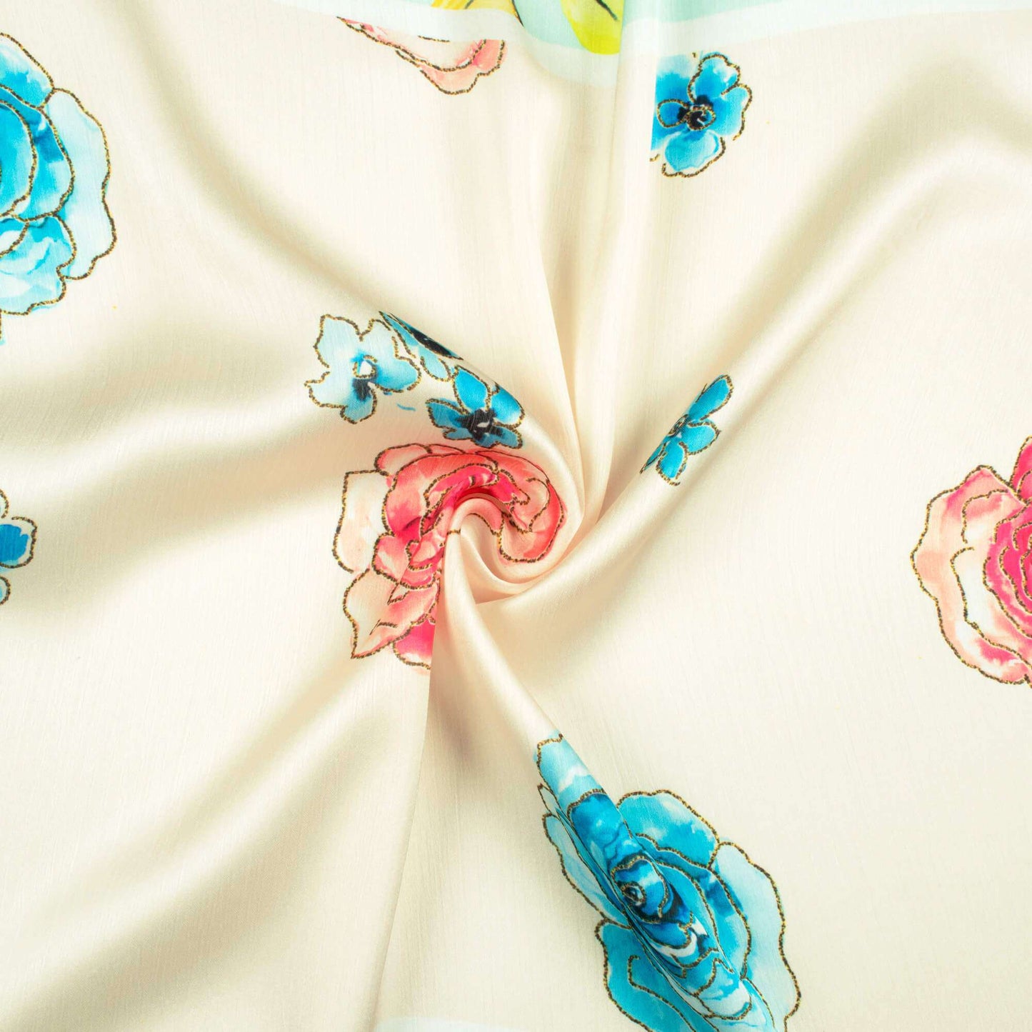Ivory Cream And Sky Blue Floral Pattern Hand Paint Effect Digital Print Chiffon Satin Fabric