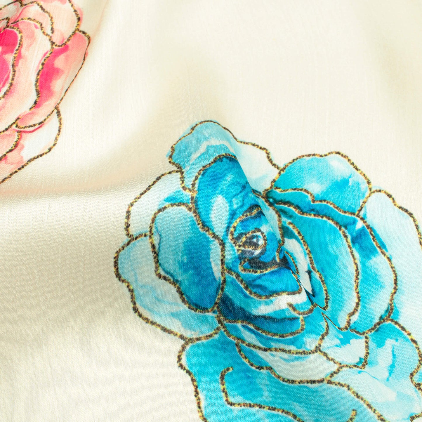 Ivory Cream And Sky Blue Floral Pattern Hand Paint Effect Digital Print Chiffon Satin Fabric