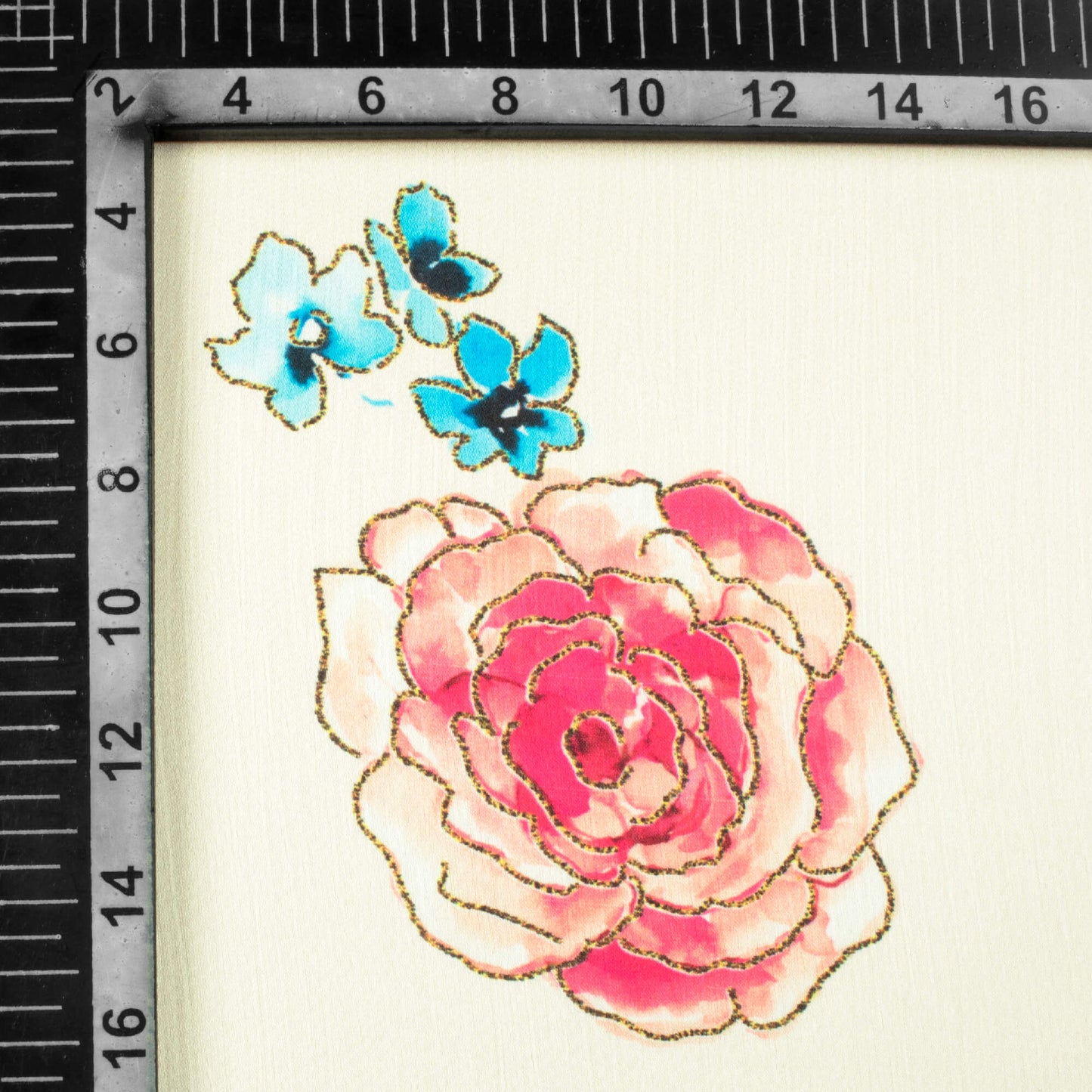 Ivory Cream And Sky Blue Floral Pattern Hand Paint Effect Digital Print Chiffon Satin Fabric