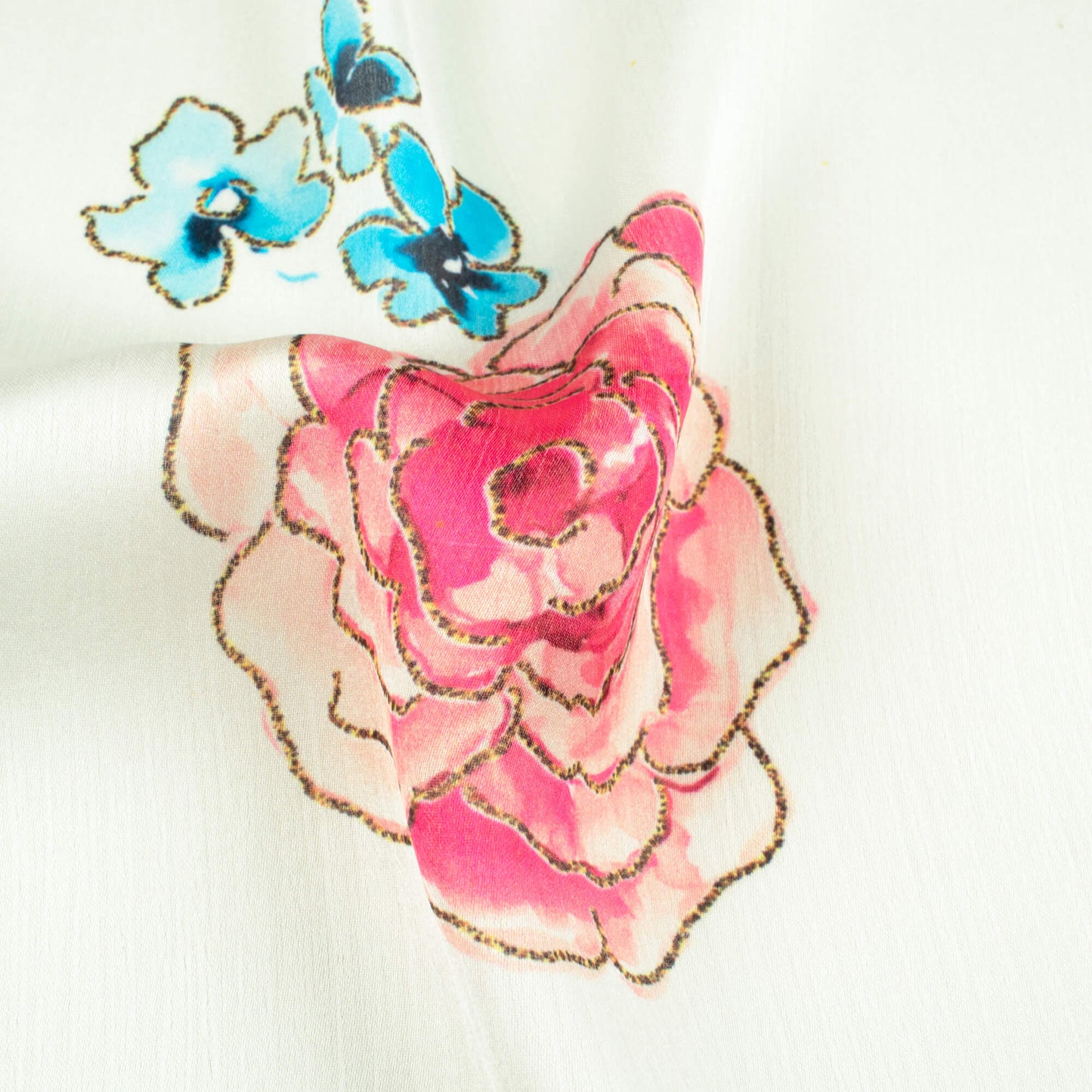 White And Sky Blue Floral Pattern Hand Paint Effect Digital Print Chiffon Satin Fabric