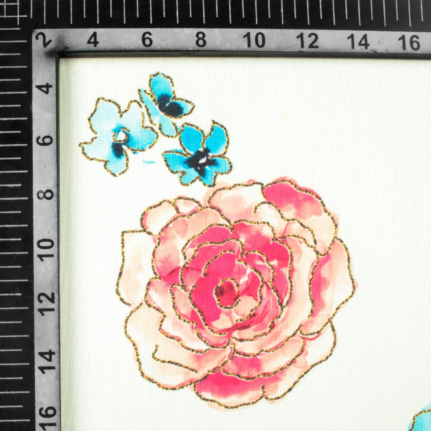 White And Sky Blue Floral Pattern Hand Paint Effect Digital Print Chiffon Satin Fabric