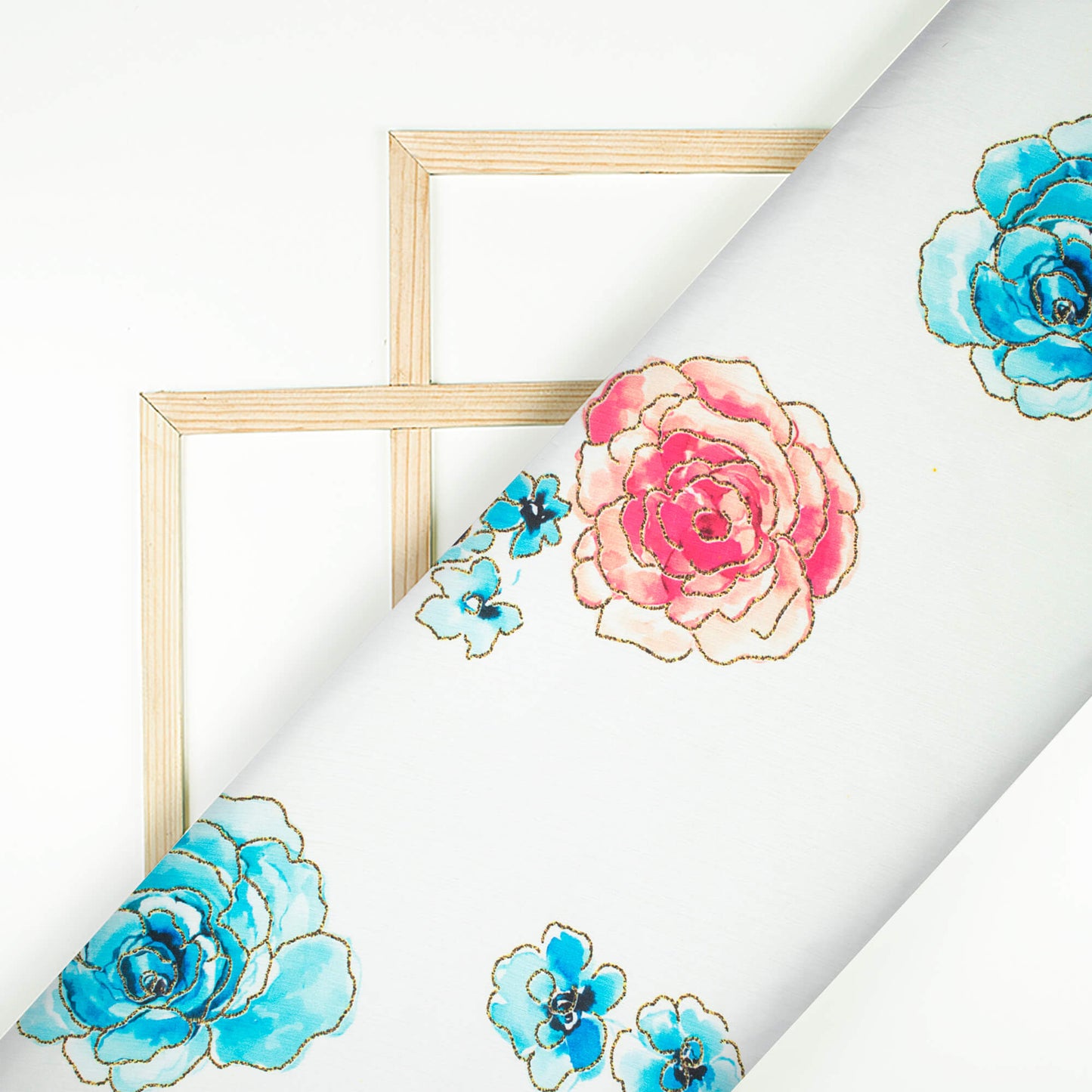 White And Sky Blue Floral Pattern Hand Paint Effect Digital Print Chiffon Satin Fabric