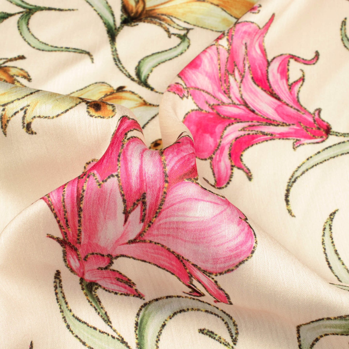 Ivory Cream And Creamy Pink Floral Pattern Hand Paint Effect Digital Print Chiffon Satin Fabric