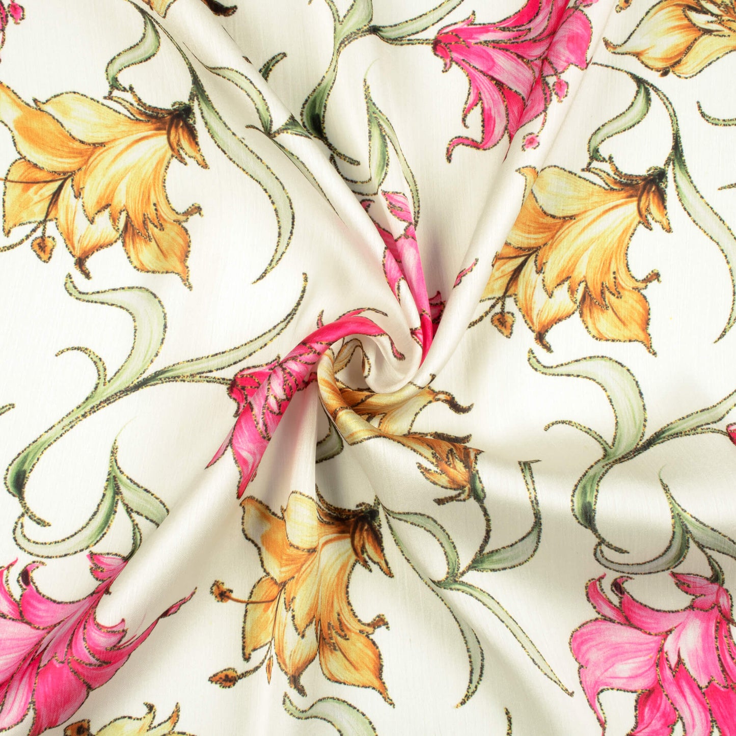 White And Creamy Pink Floral Pattern Hand Paint Effect Digital Print Chiffon Satin Fabric