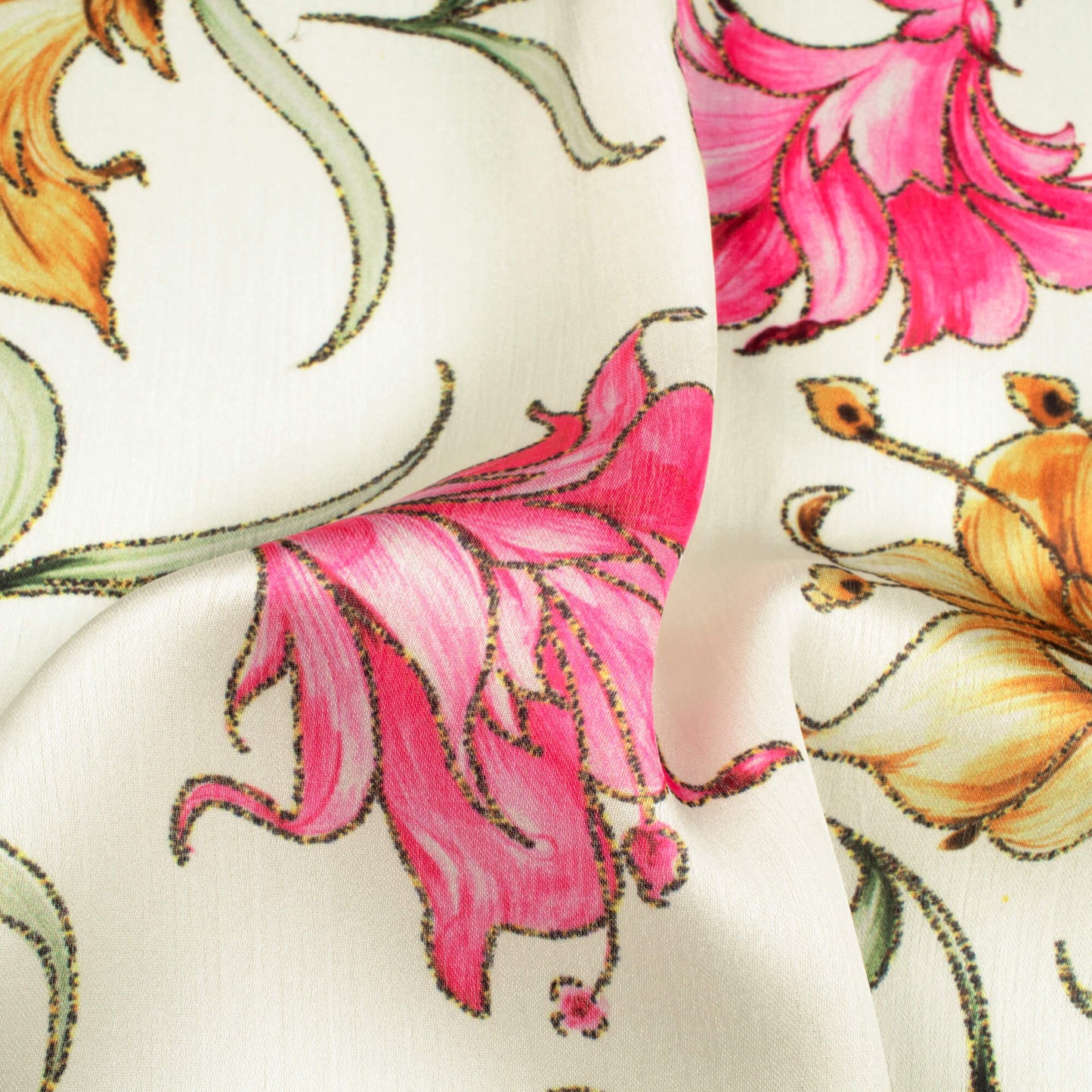 White And Creamy Pink Floral Pattern Hand Paint Effect Digital Print Chiffon Satin Fabric
