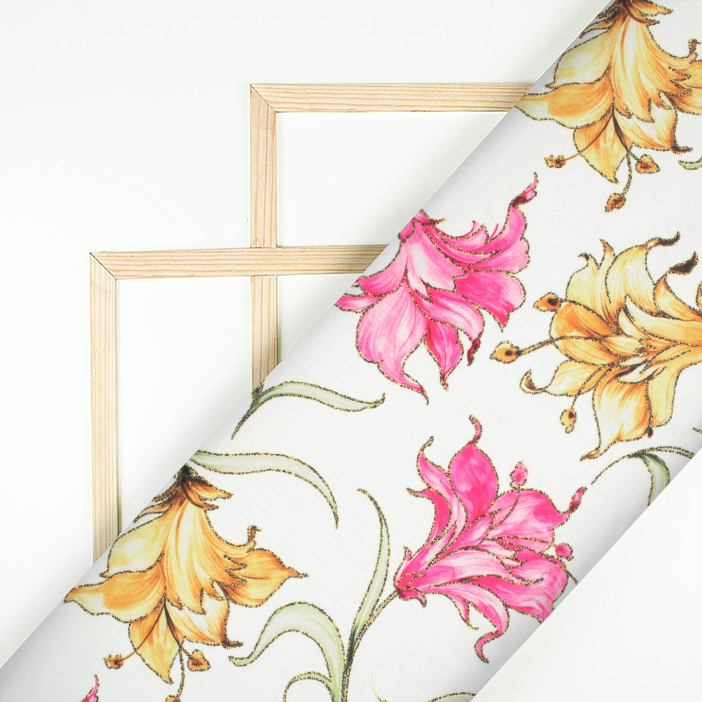 White And Creamy Pink Floral Pattern Hand Paint Effect Digital Print Chiffon Satin Fabric