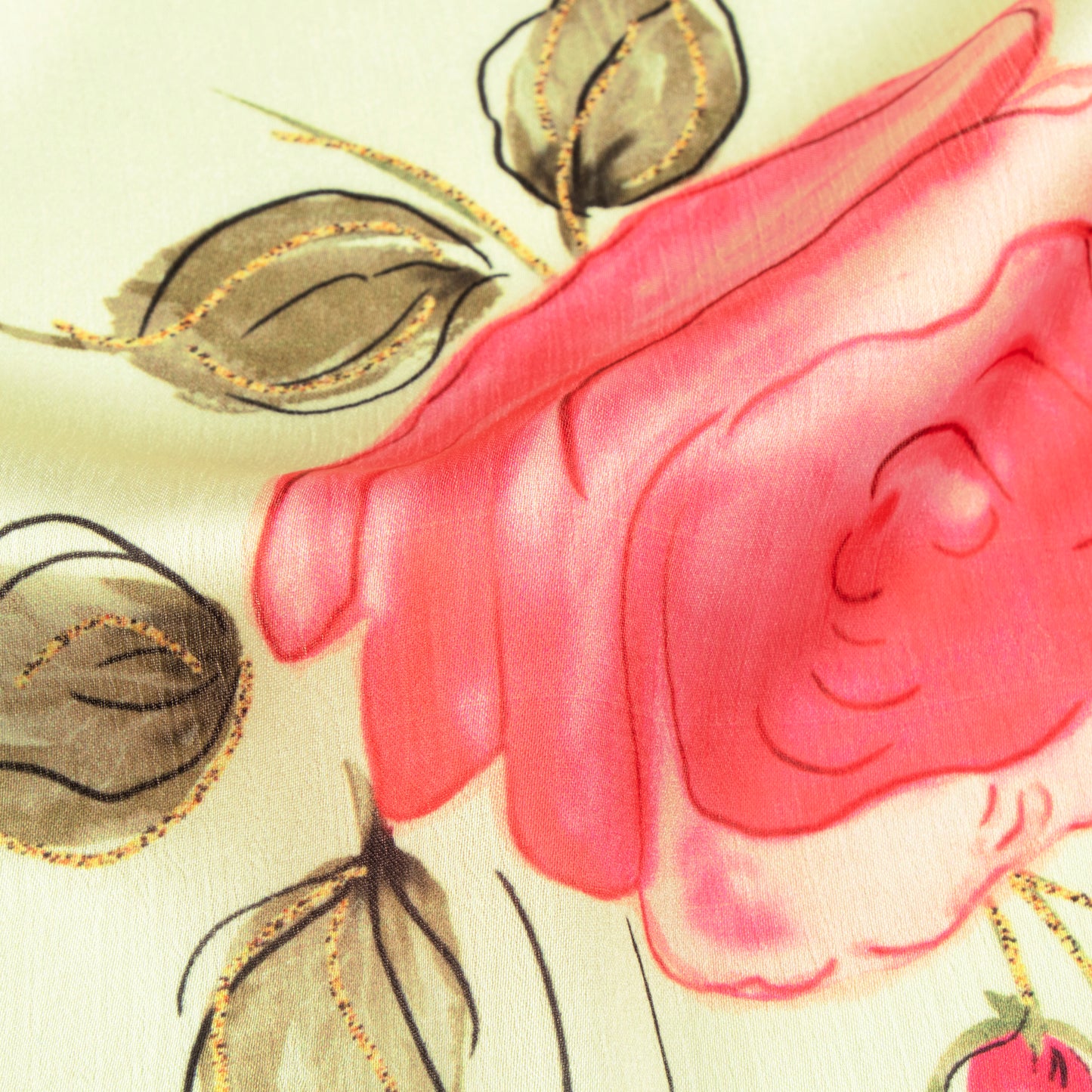 Pale Yellow And Punch Pink Floral Pattern Hand Paint Effect Digital Print Chiffon Satin Fabric