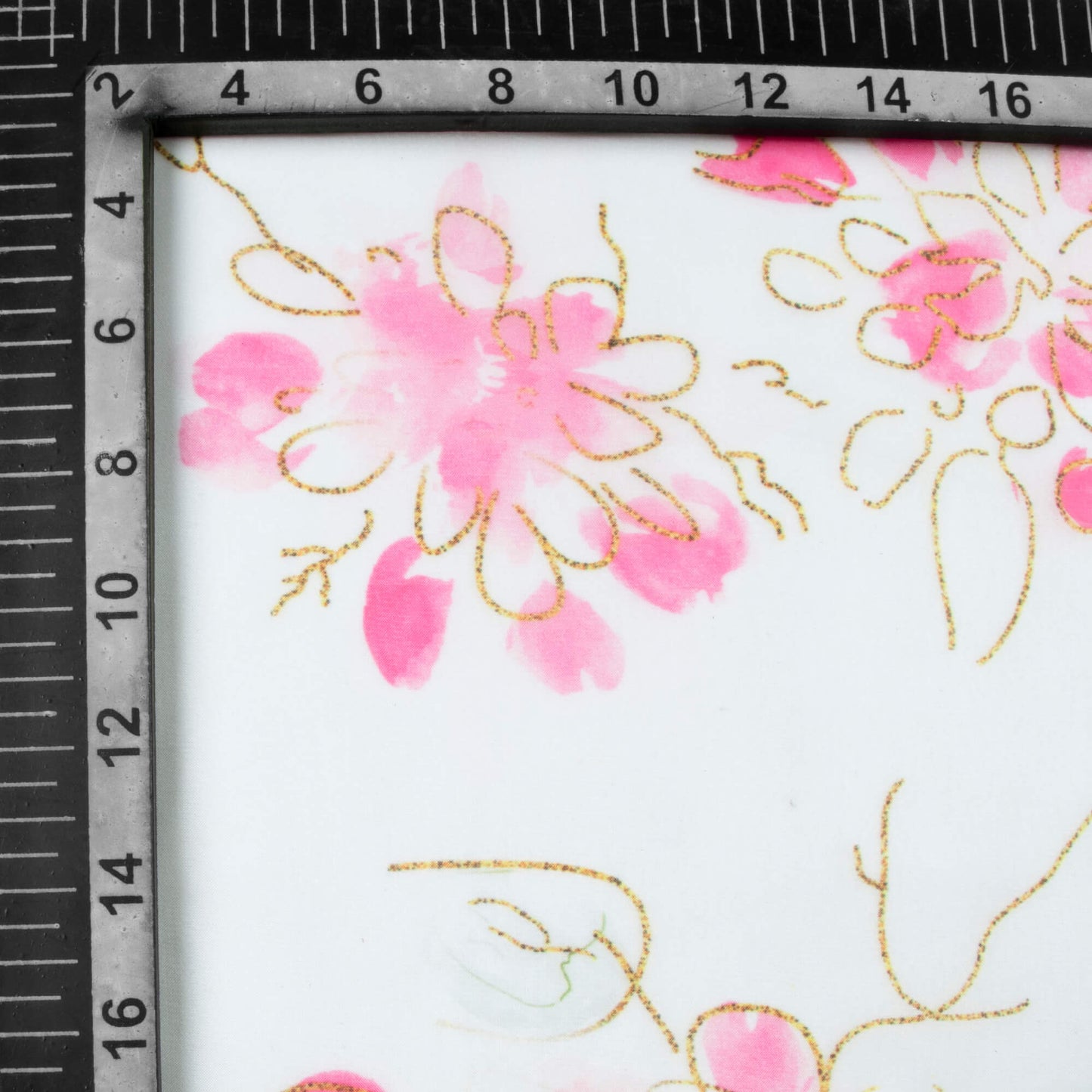 White And Rose Pink Leaf Pattern Hand Paint Effect Digital Print Organza Satin Fabric