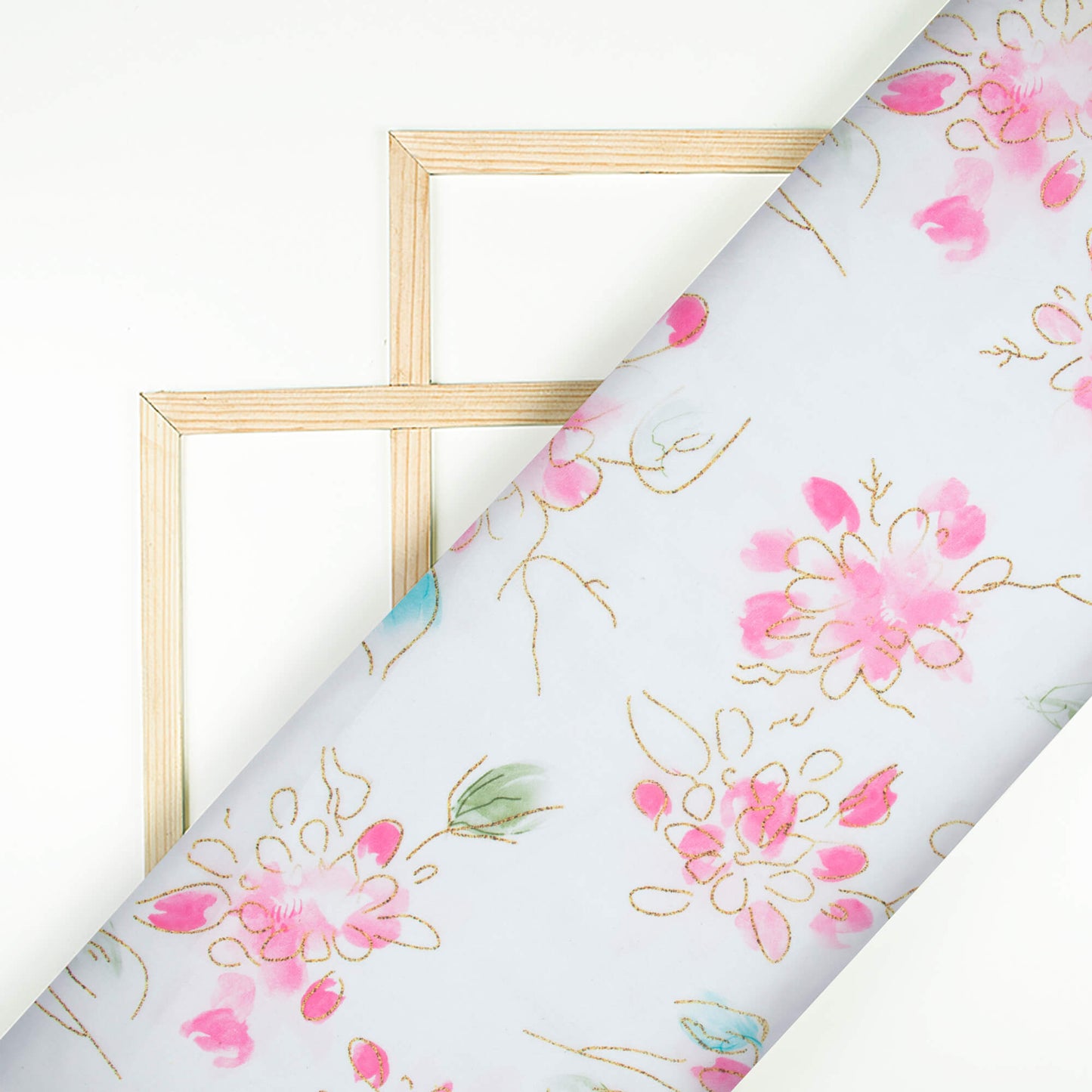 White And Rose Pink Leaf Pattern Hand Paint Effect Digital Print Organza Satin Fabric