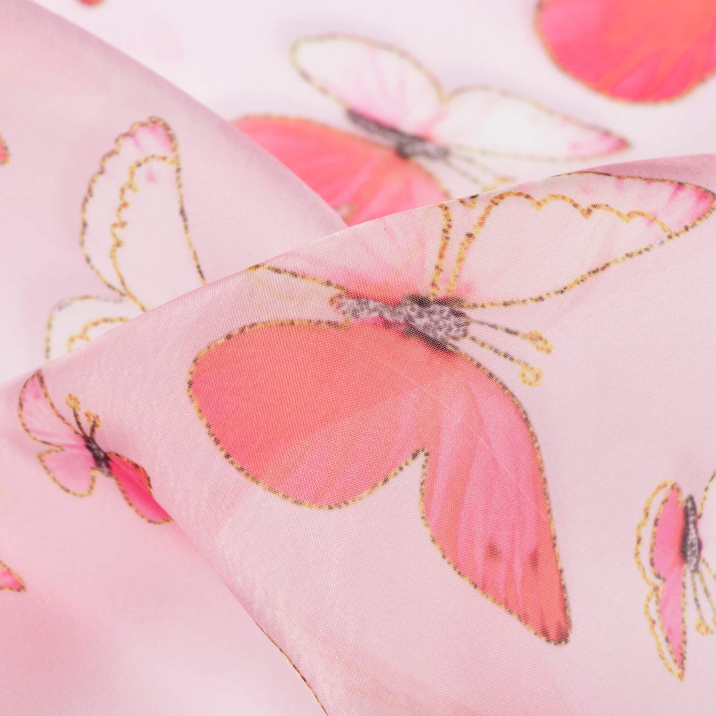 Pale Pink And Punch Pink Butterfly Pattern Hand Paint Effect Digital Print Organza Satin Fabric