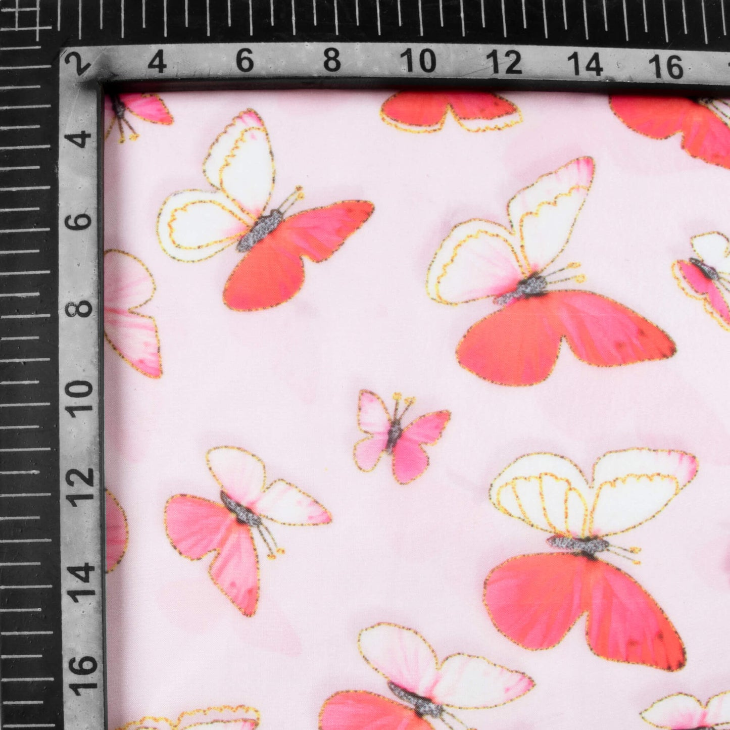 Pale Pink And Punch Pink Butterfly Pattern Hand Paint Effect Digital Print Organza Satin Fabric