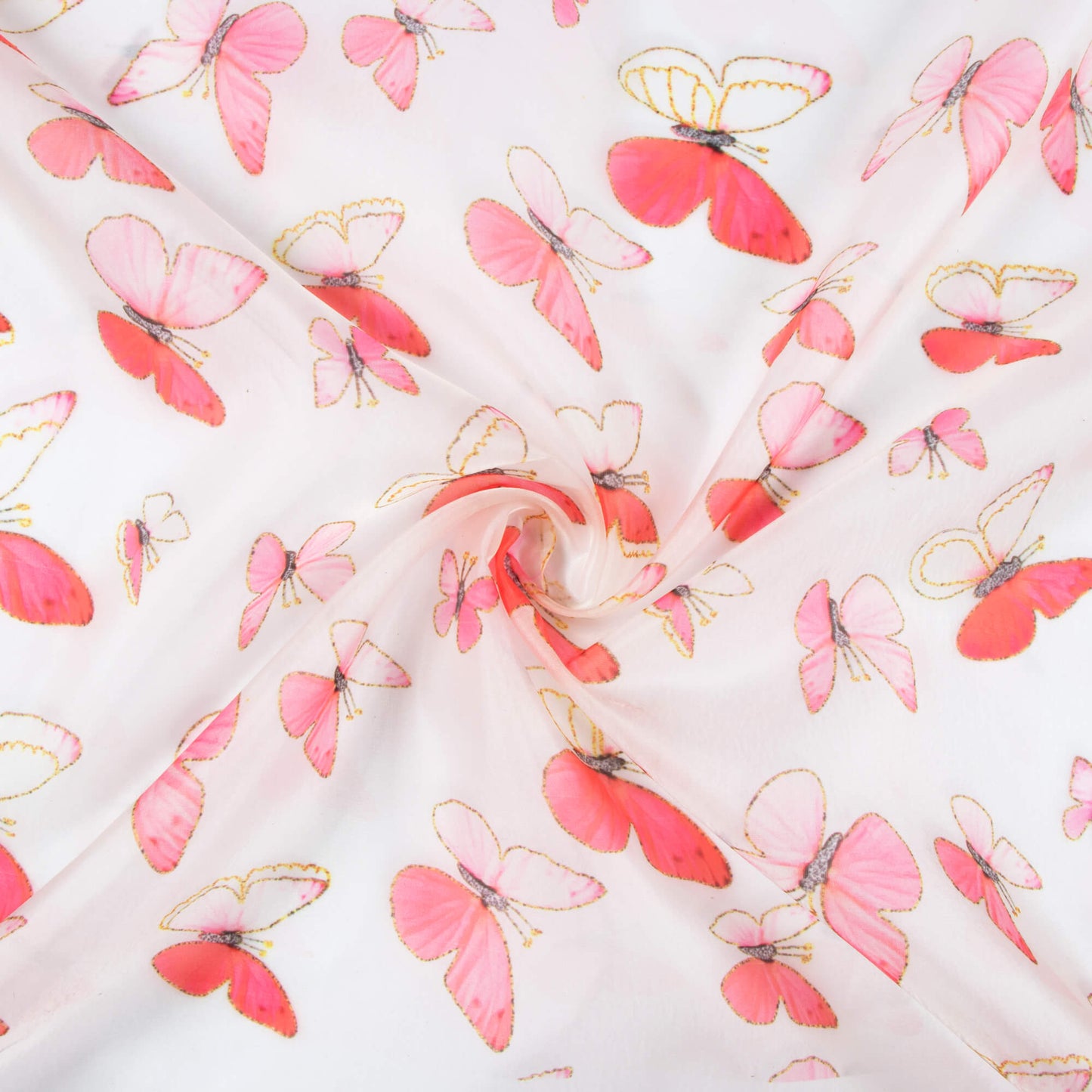 White And Punch Pink Butterfly Pattern Hand Paint Effect Digital Print Organza Satin Fabric