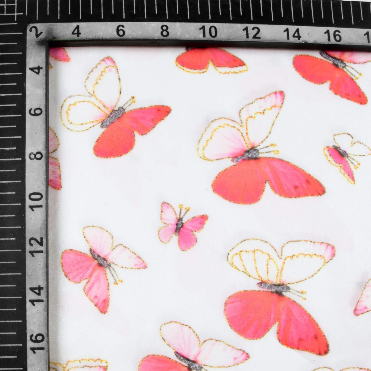 White And Punch Pink Butterfly Pattern Hand Paint Effect Digital Print Organza Satin Fabric