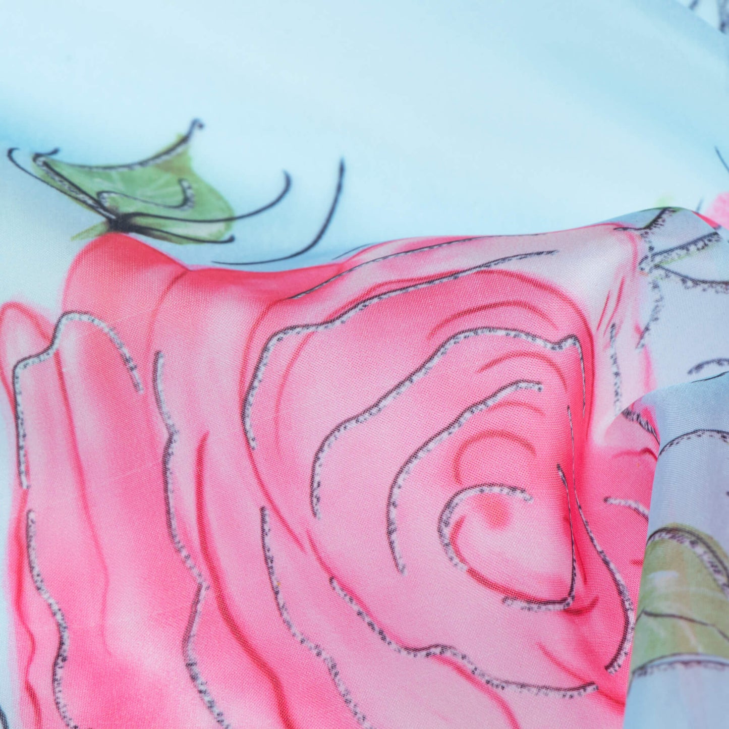 Light Blue And Punch Pink Floral Pattern Hand Paint Effect Digital Print Organza Satin Fabric