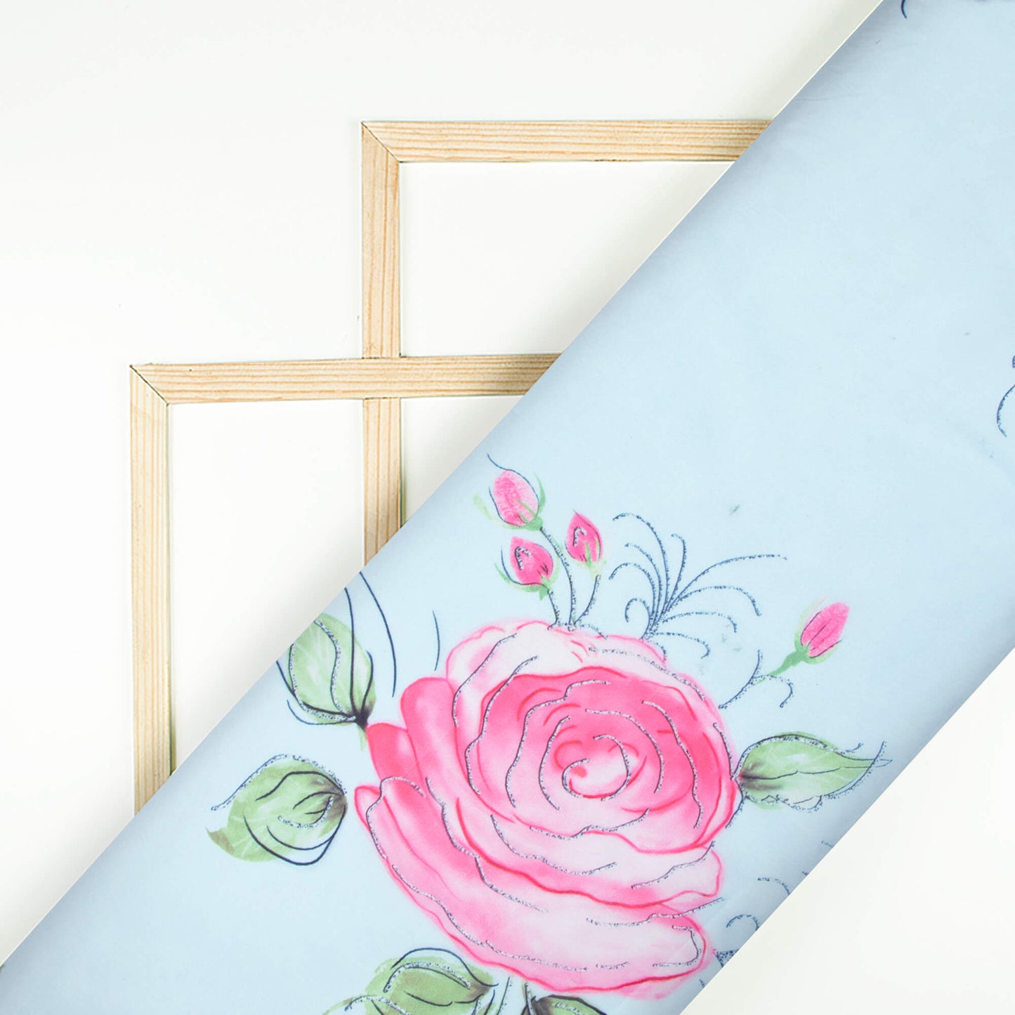 Light Blue And Punch Pink Floral Pattern Hand Paint Effect Digital Print Organza Satin Fabric