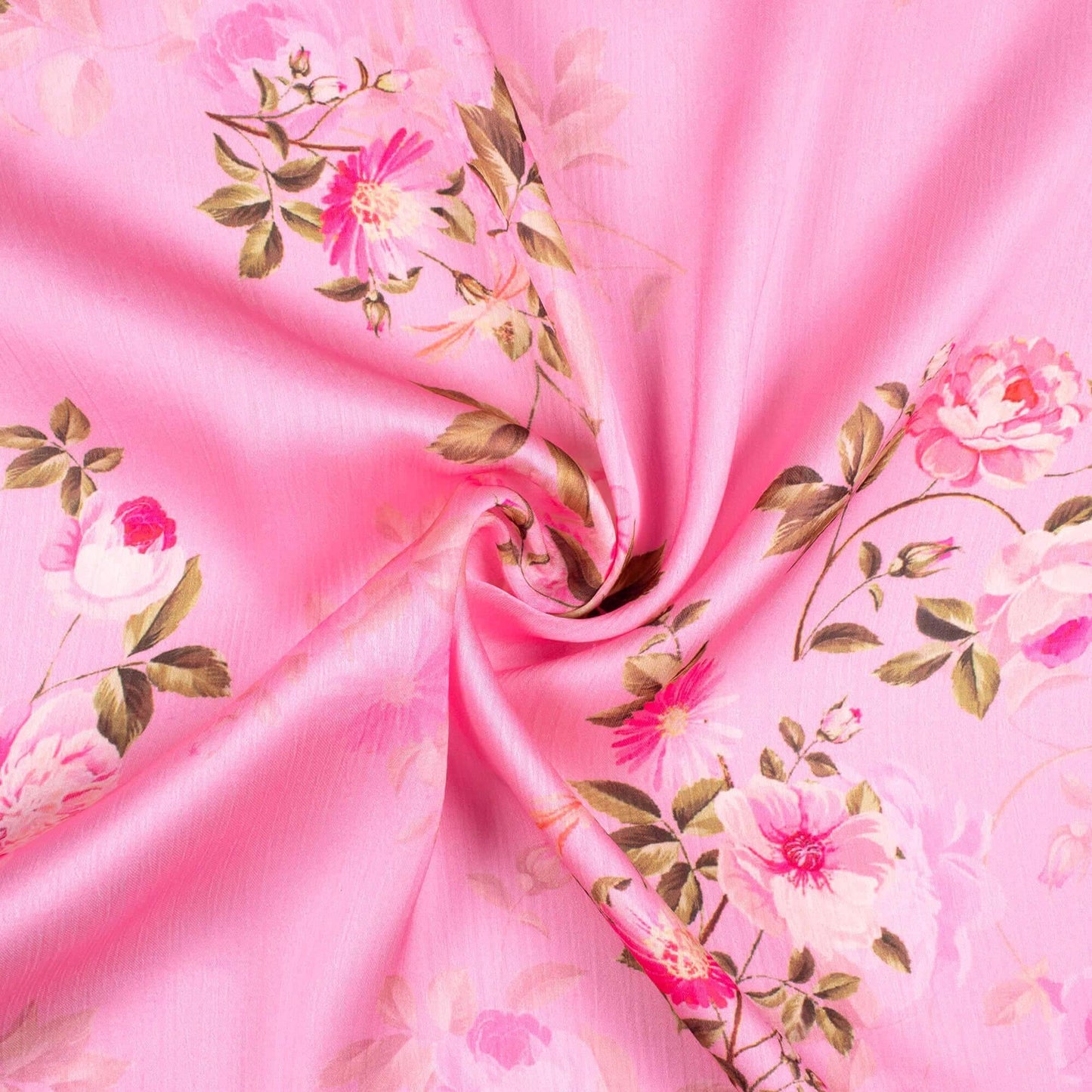 Salmon Pink Floral Pattern Digital Print Chiffon Satin Fabric - Fabcurate