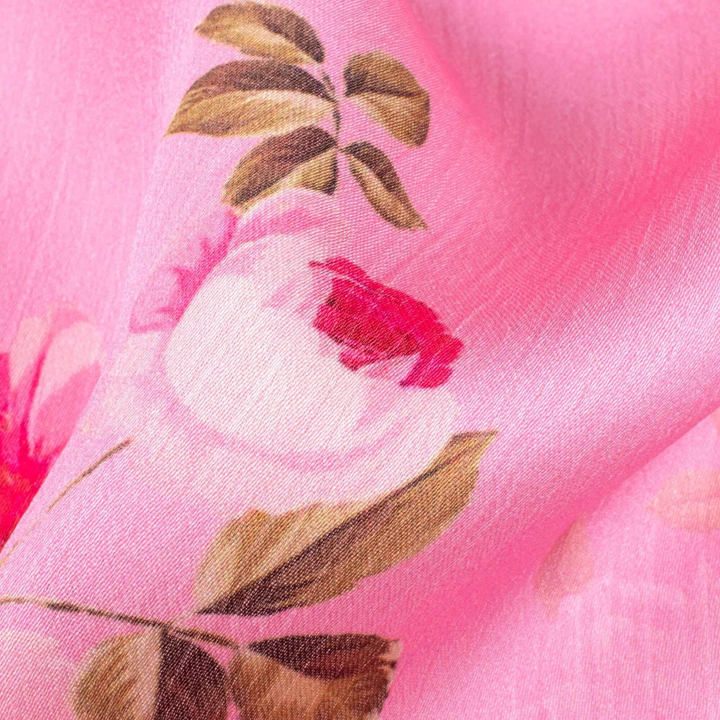 Salmon Pink Floral Pattern Digital Print Chiffon Satin Fabric - Fabcurate