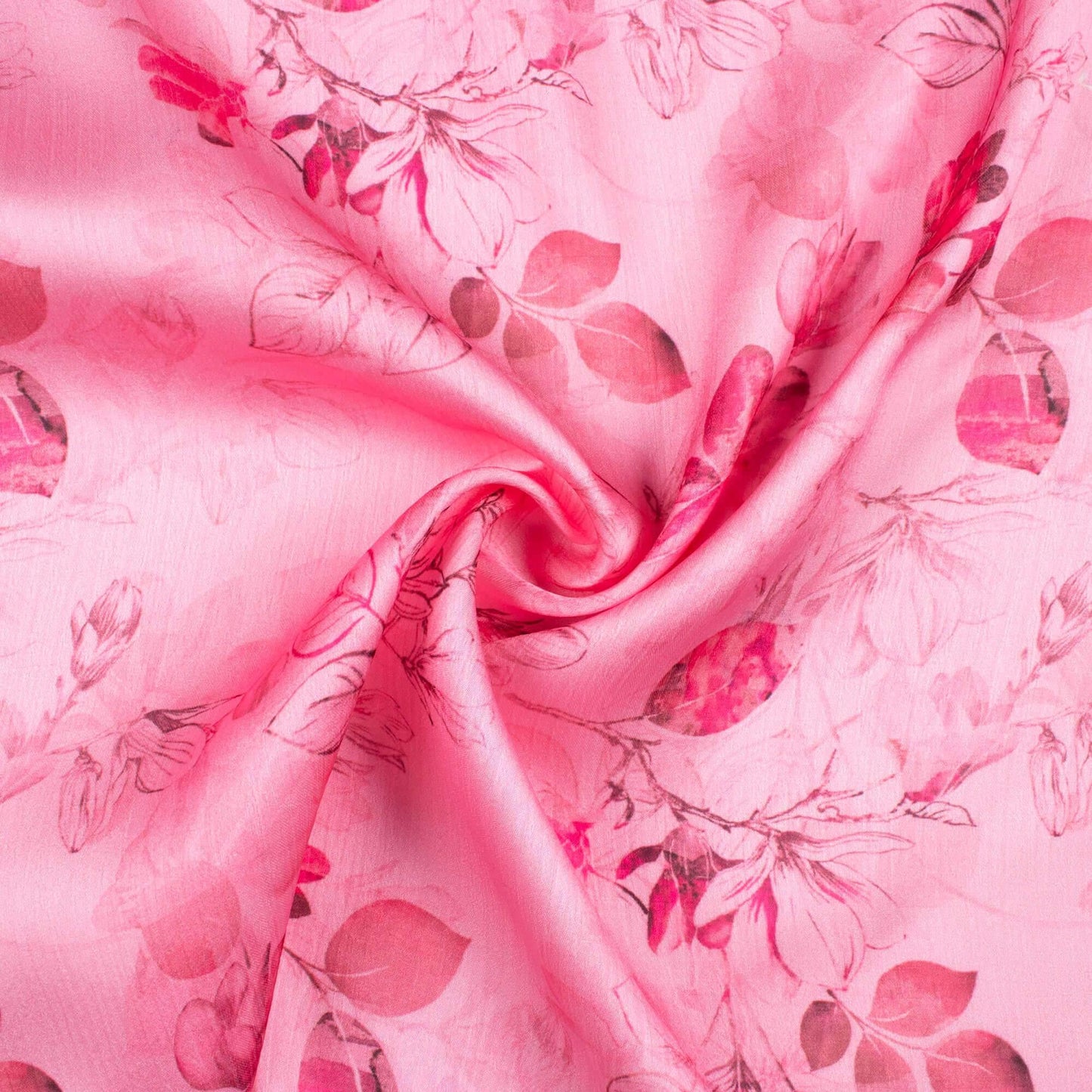 Salmon Pink Floral Pattern Digital Print Chiffon Satin Fabric - Fabcurate