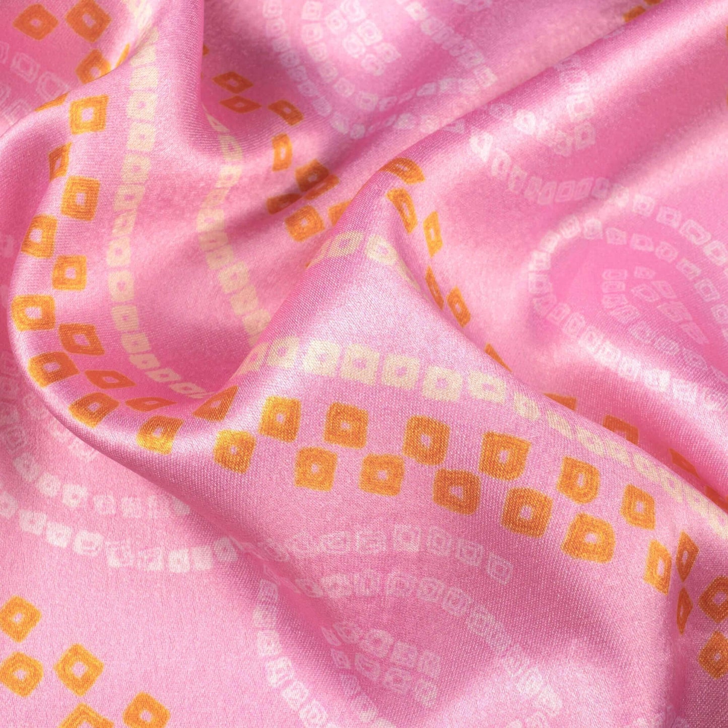 Salmon Pink Bandhani Pattern Digital Print Japan Satin Fabric - Fabcurate