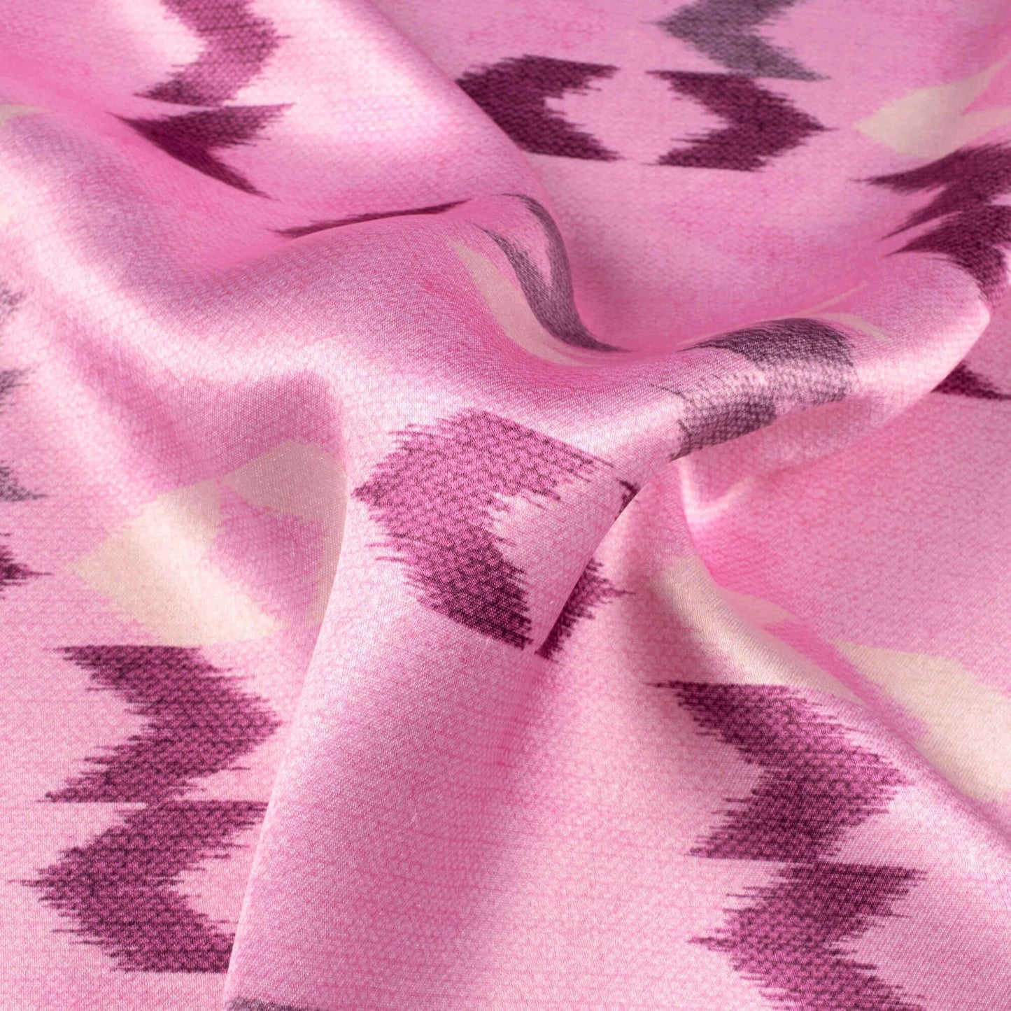 Salmon Pink And Dark Violet Ikat Pattern Digital Print Japan Satin Fabric - Fabcurate