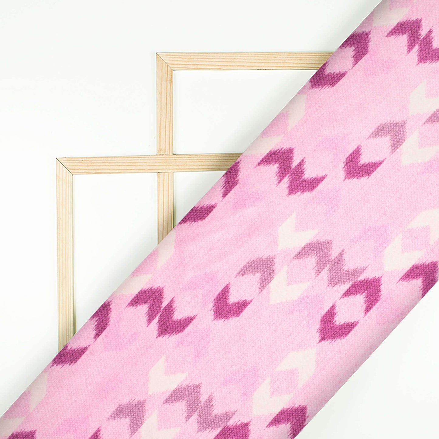 Salmon Pink And Dark Violet Ikat Pattern Digital Print Japan Satin Fabric - Fabcurate