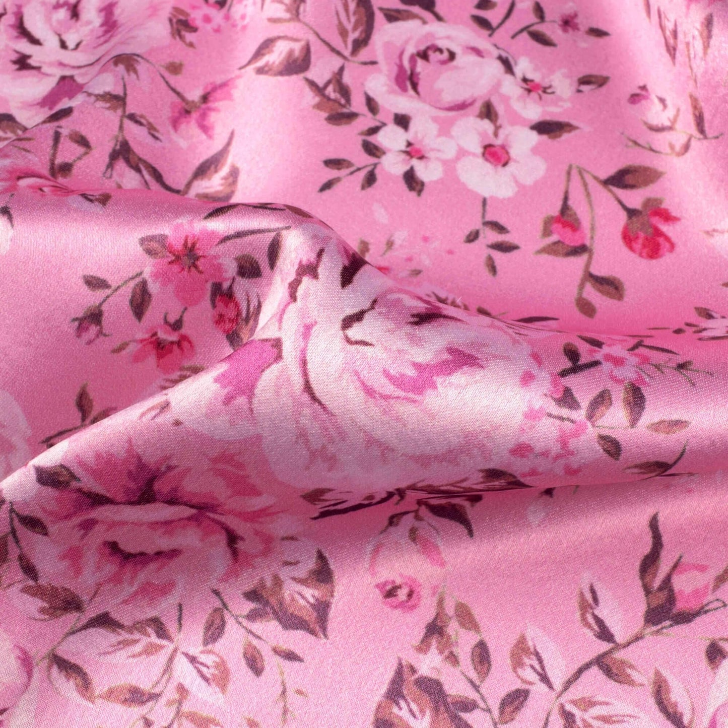 Salmon Pink Floral Pattern Digital Print Japan Satin Fabric - Fabcurate