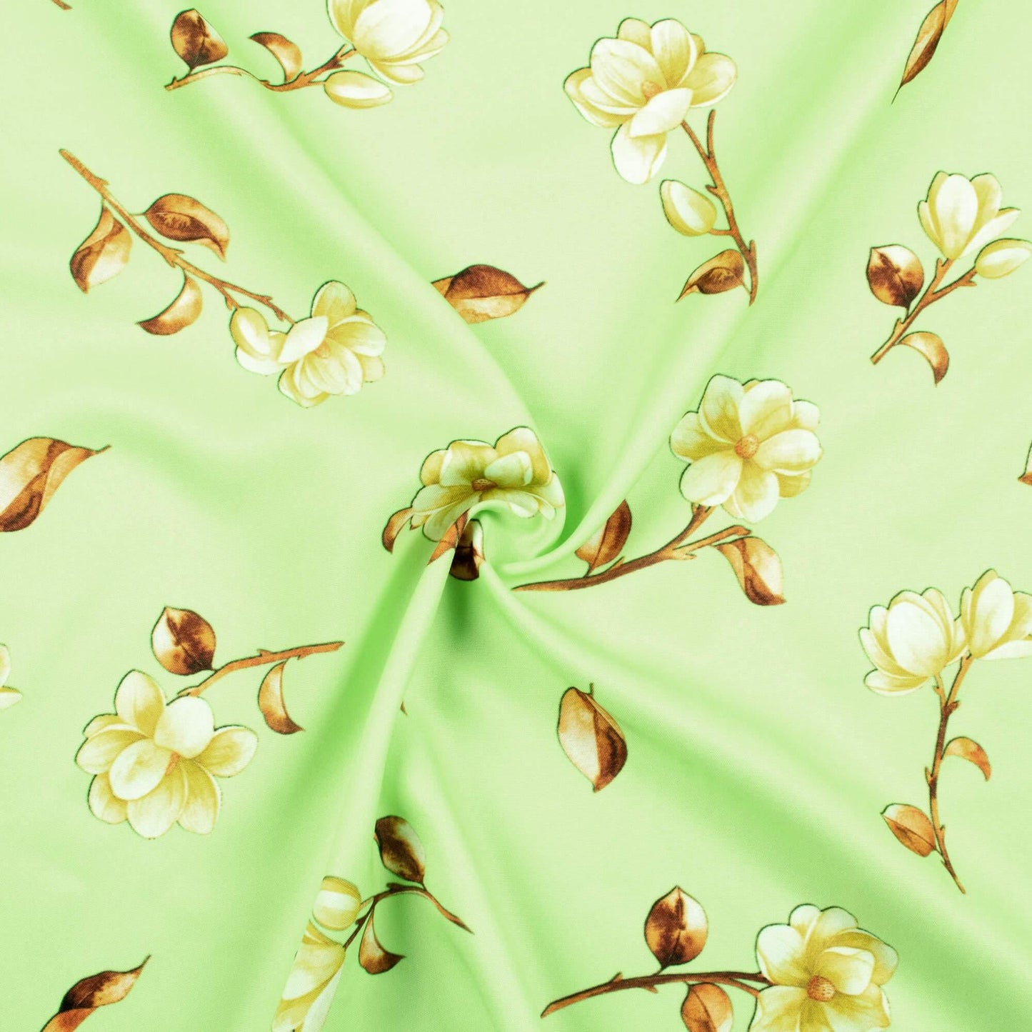 Lime Green And Oyster Beige Floral Pattern Digital Print Ultra Premium Butter Crepe Fabric - Fabcurate