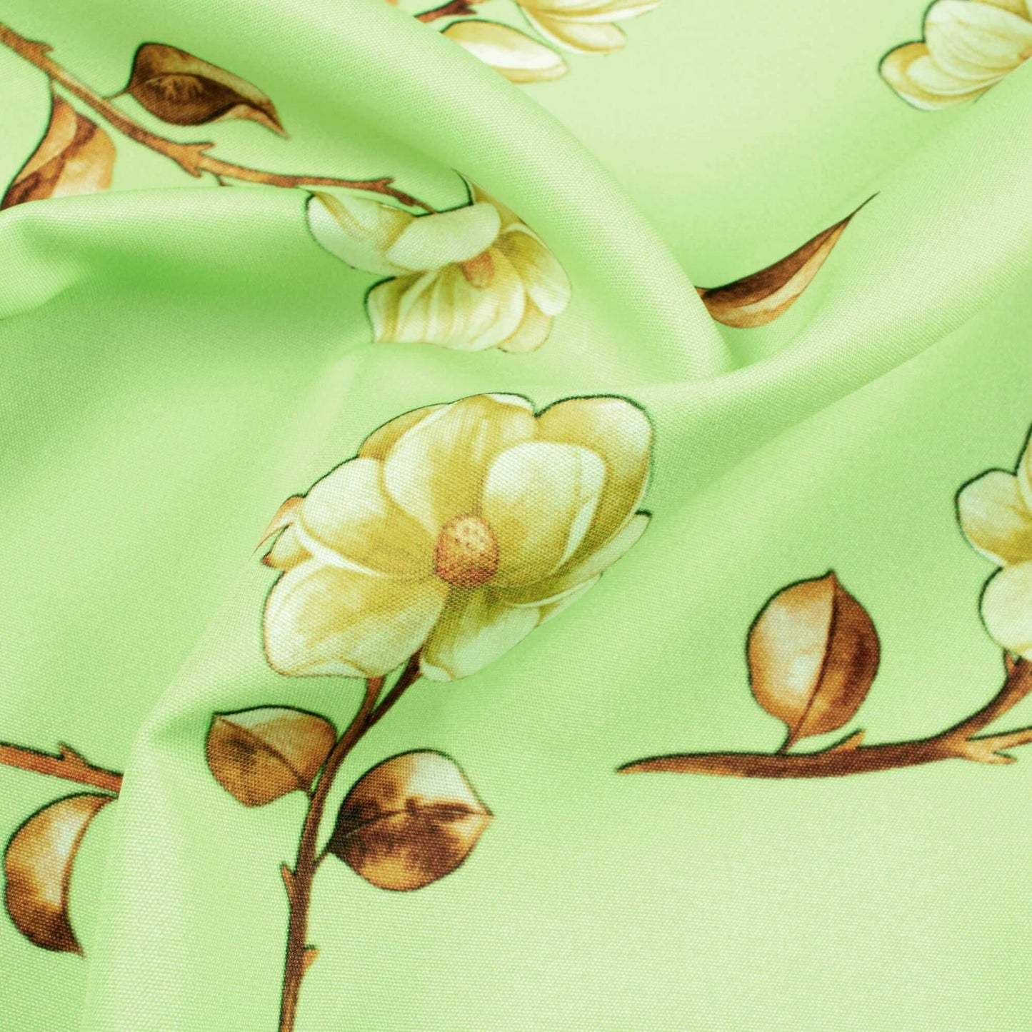 Lime Green And Oyster Beige Floral Pattern Digital Print Ultra Premium Butter Crepe Fabric - Fabcurate